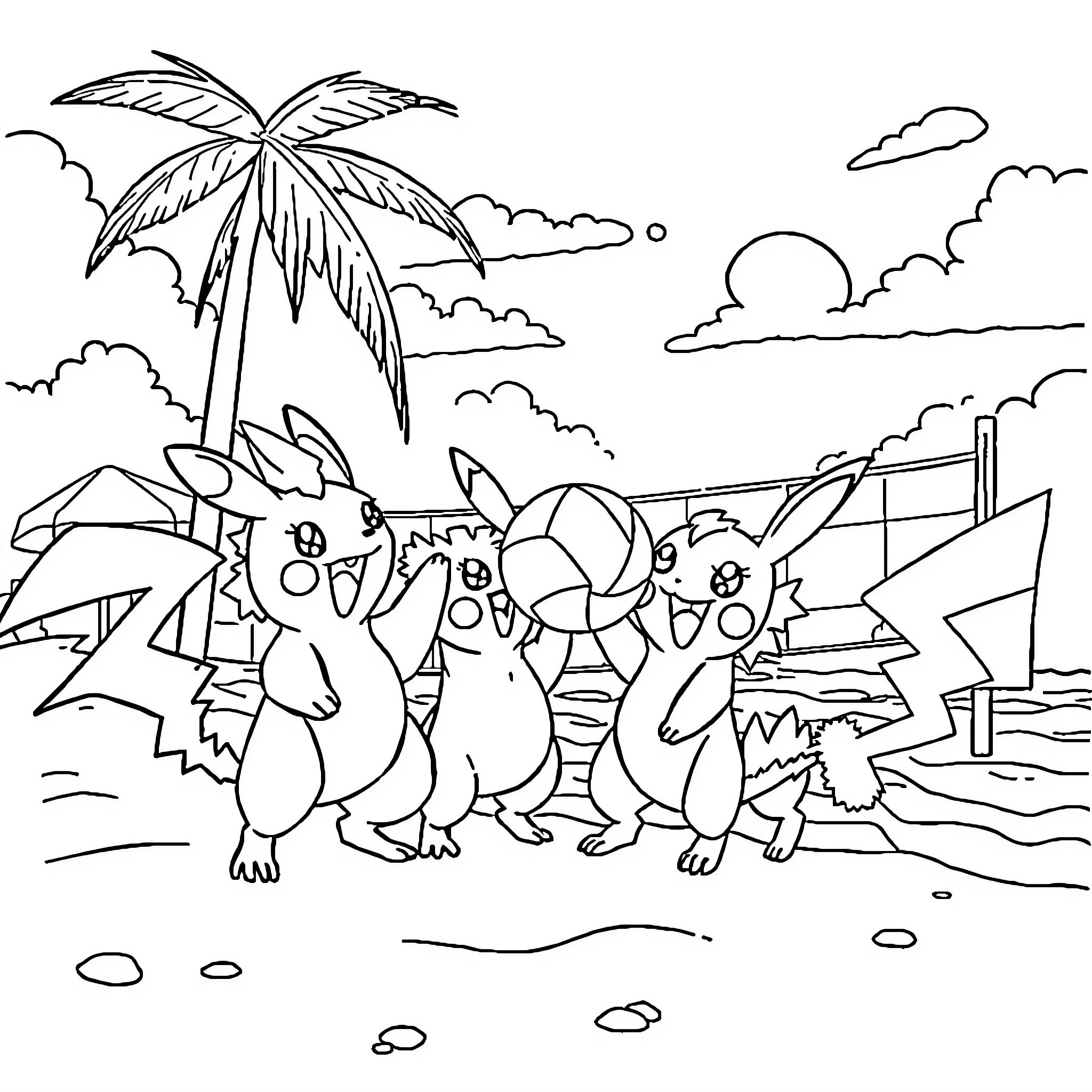 Pokémon characters enjoying a sunny day at the beach Coloring Page (free black-and-white line drawing printable PDF for all, from beginners to advanced learners, including children, teens, adults, and seniors)