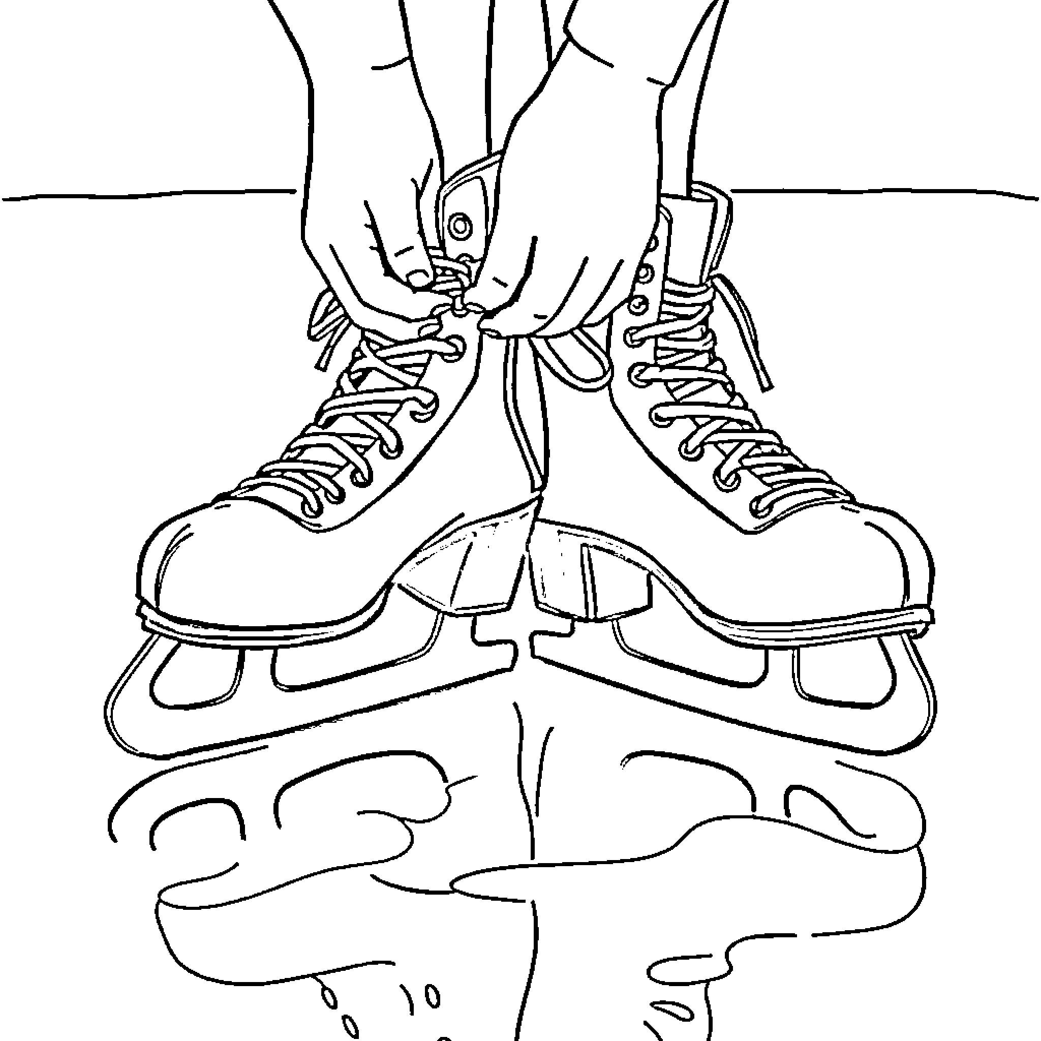 Figure Skate Lacing Boots on Ice Rink Coloring Page (free black-and-white line drawing printable PDF for all, from beginners to advanced learners, including children, teens, adults, and seniors)