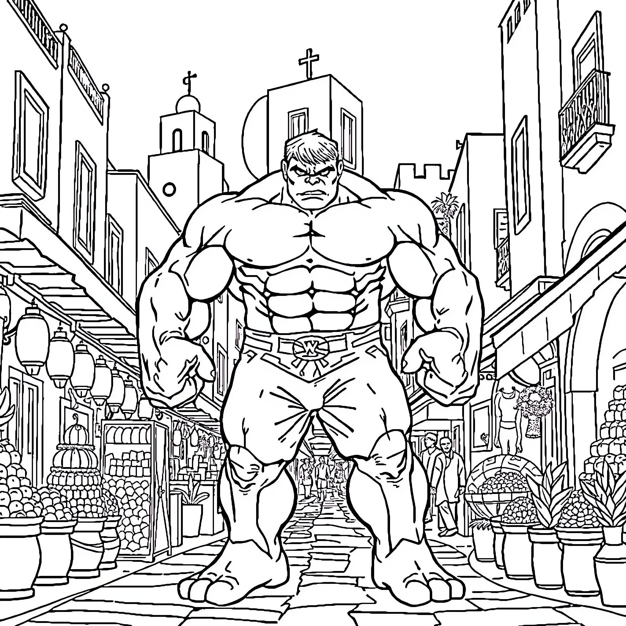 Hulk Rampaging Through City Streets Coloring Page (free black-and-white line drawing printable PDF for all, from beginners to advanced learners, including children, teens, adults, and seniors)