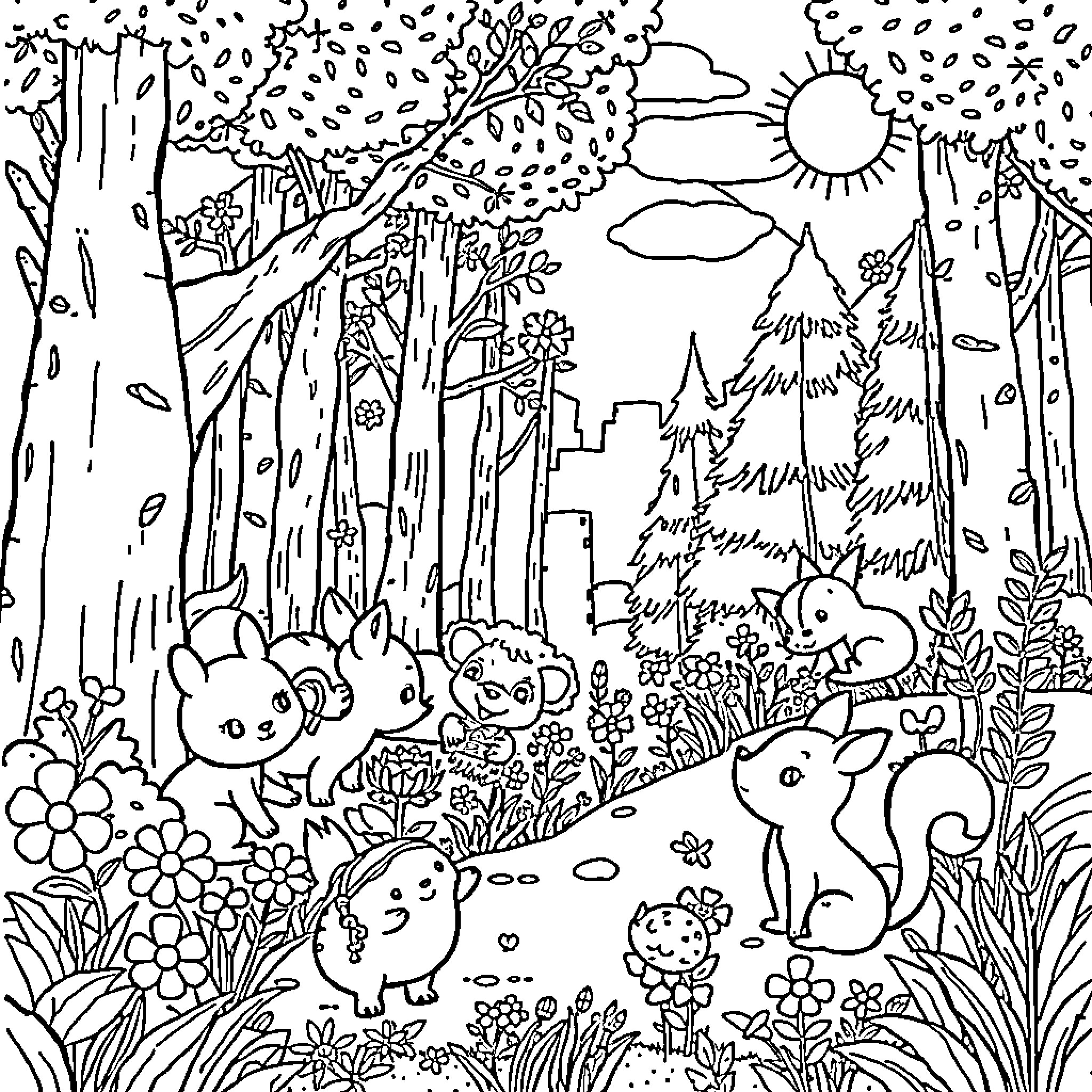Woodland Creatures Frolicking in Nature Coloring Page (free black-and-white line drawing printable PDF for all, from beginners to advanced learners, including children, teens, adults, and seniors)