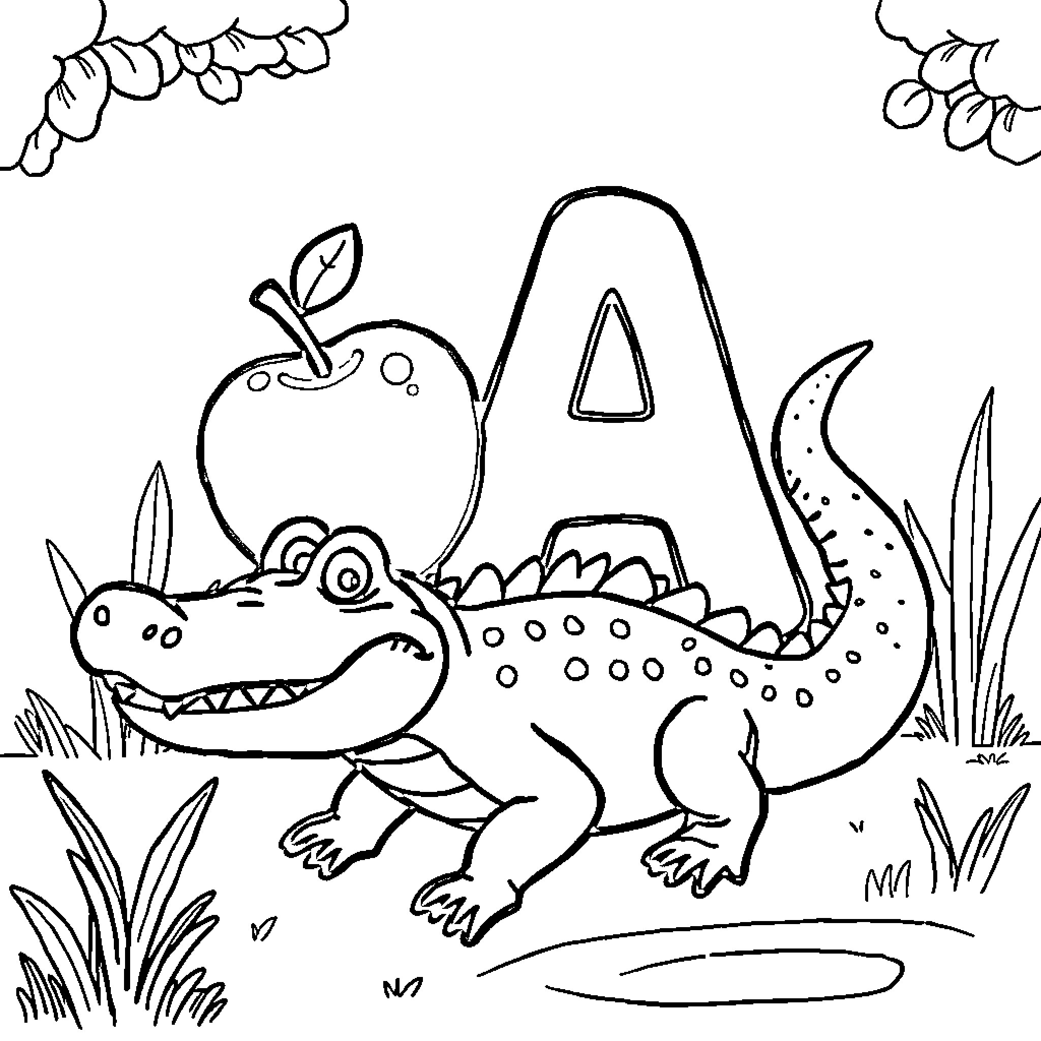 Letter A: Alligator and Apple in the Meadow Coloring Page (free black-and-white line drawing printable PDF for all, from beginners to advanced learners, including children, teens, adults, and seniors)