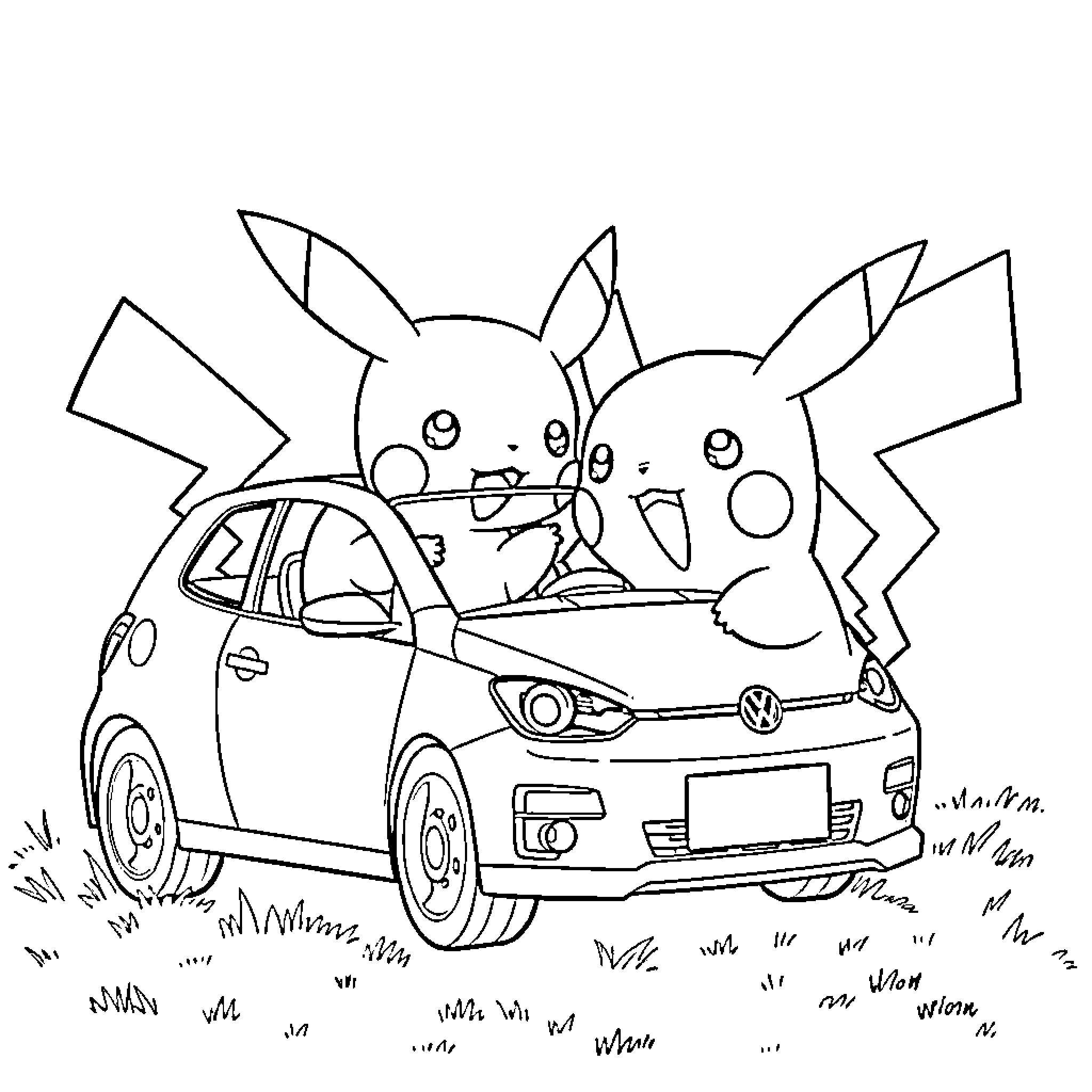 Pikachu having fun with Volkswagen car Coloring Page (free black-and-white line drawing printable PDF for all, from beginners to advanced learners, including children, teens, adults, and seniors)