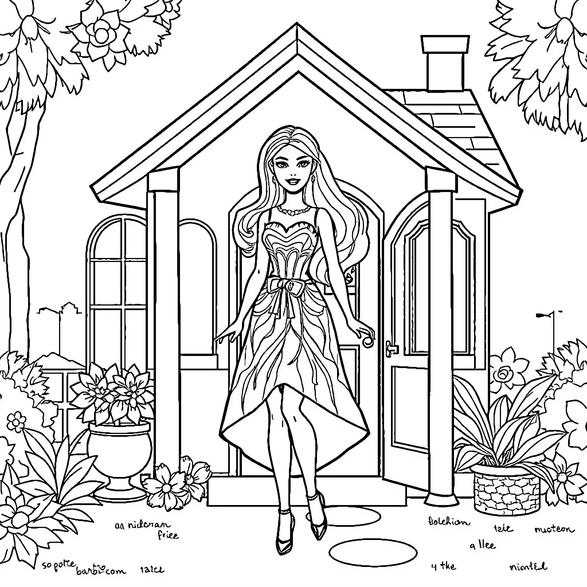 Barbie posing elegantly in front of a house Coloring Page (free black-and-white line drawing printable PDF for all, from beginners to advanced learners, including children, teens, adults, and seniors)