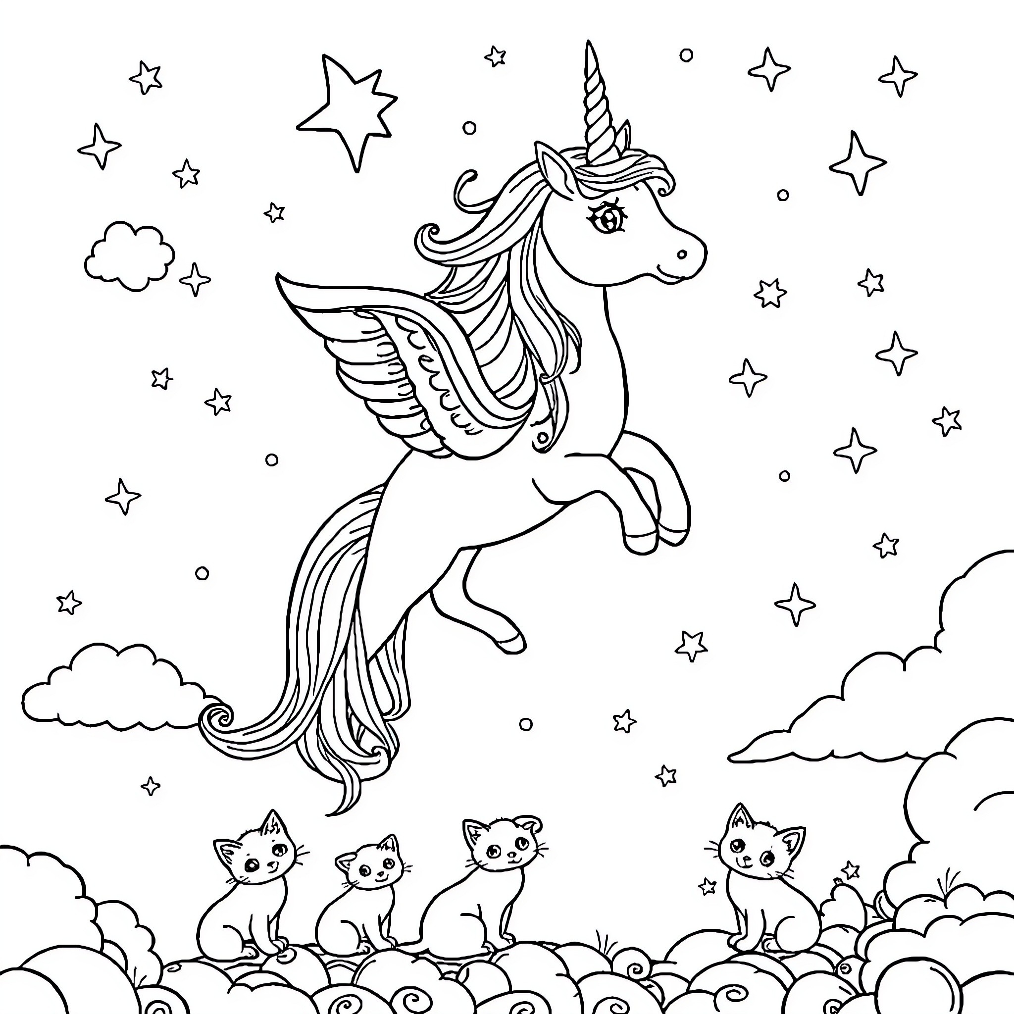 Licorne soaring among the stars with feline companions Coloring Page (free black-and-white line drawing printable PDF for all, from beginners to advanced learners, including children, teens, adults, and seniors)