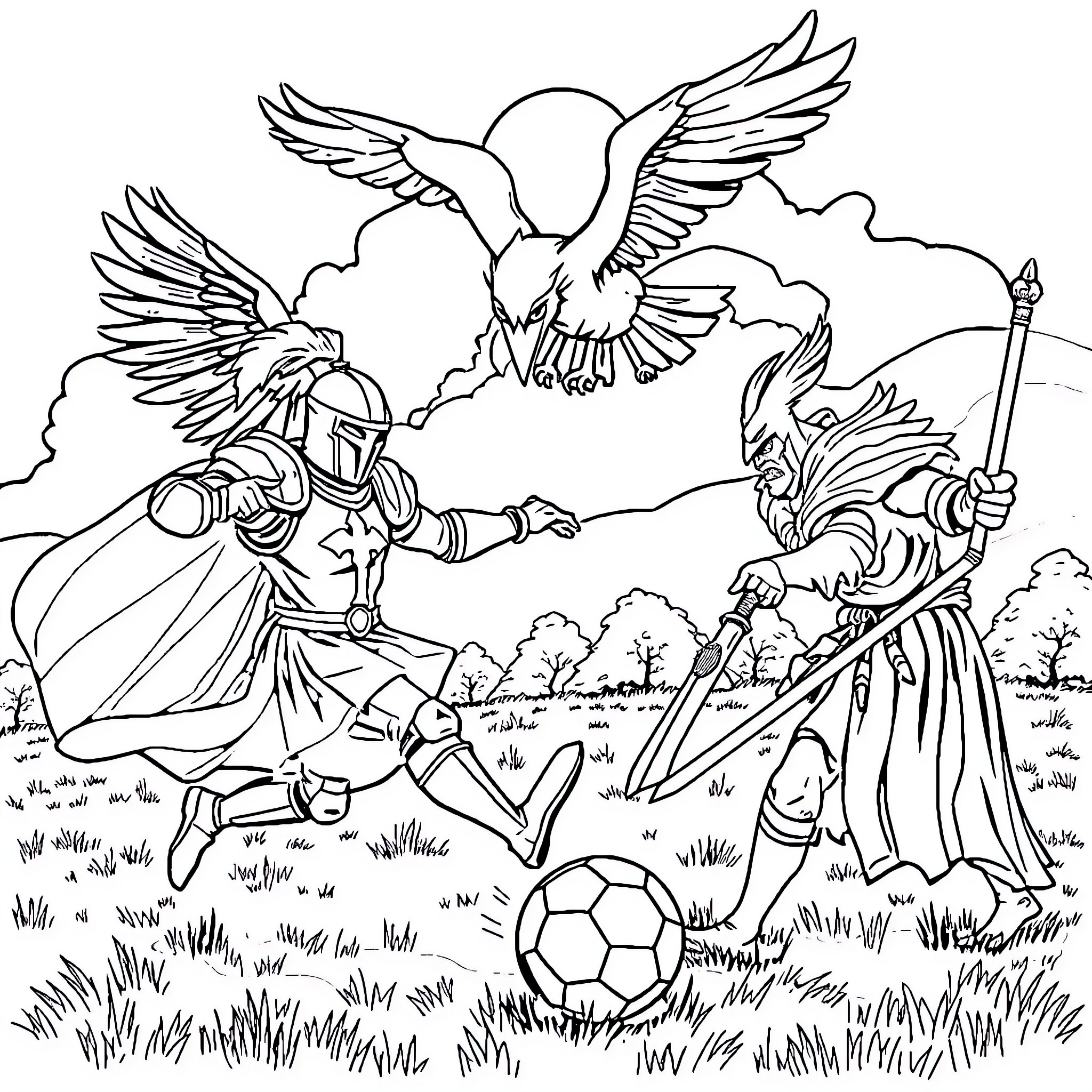 Knight's Fantastical Soccer Match with Mythical Creatures Coloring Page (free black-and-white line drawing printable PDF for all, from beginners to advanced learners, including children, teens, adults, and seniors)