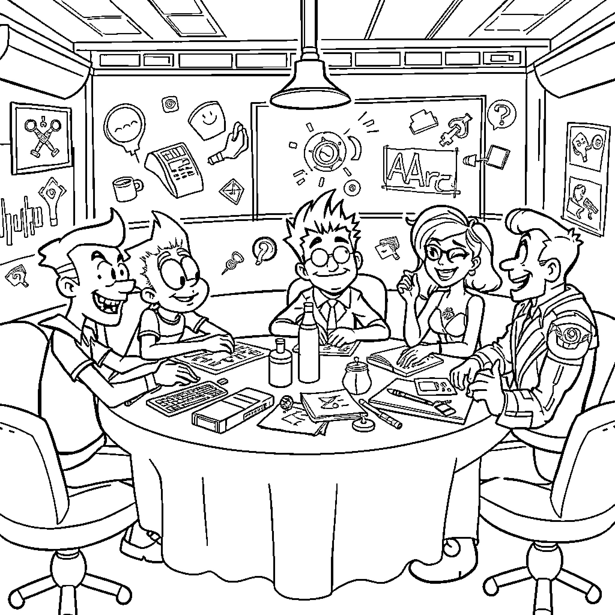 Character group meeting in a lively office setting Coloring Page (free black-and-white line drawing printable PDF for all, from beginners to advanced learners, including children, teens, adults, and seniors)