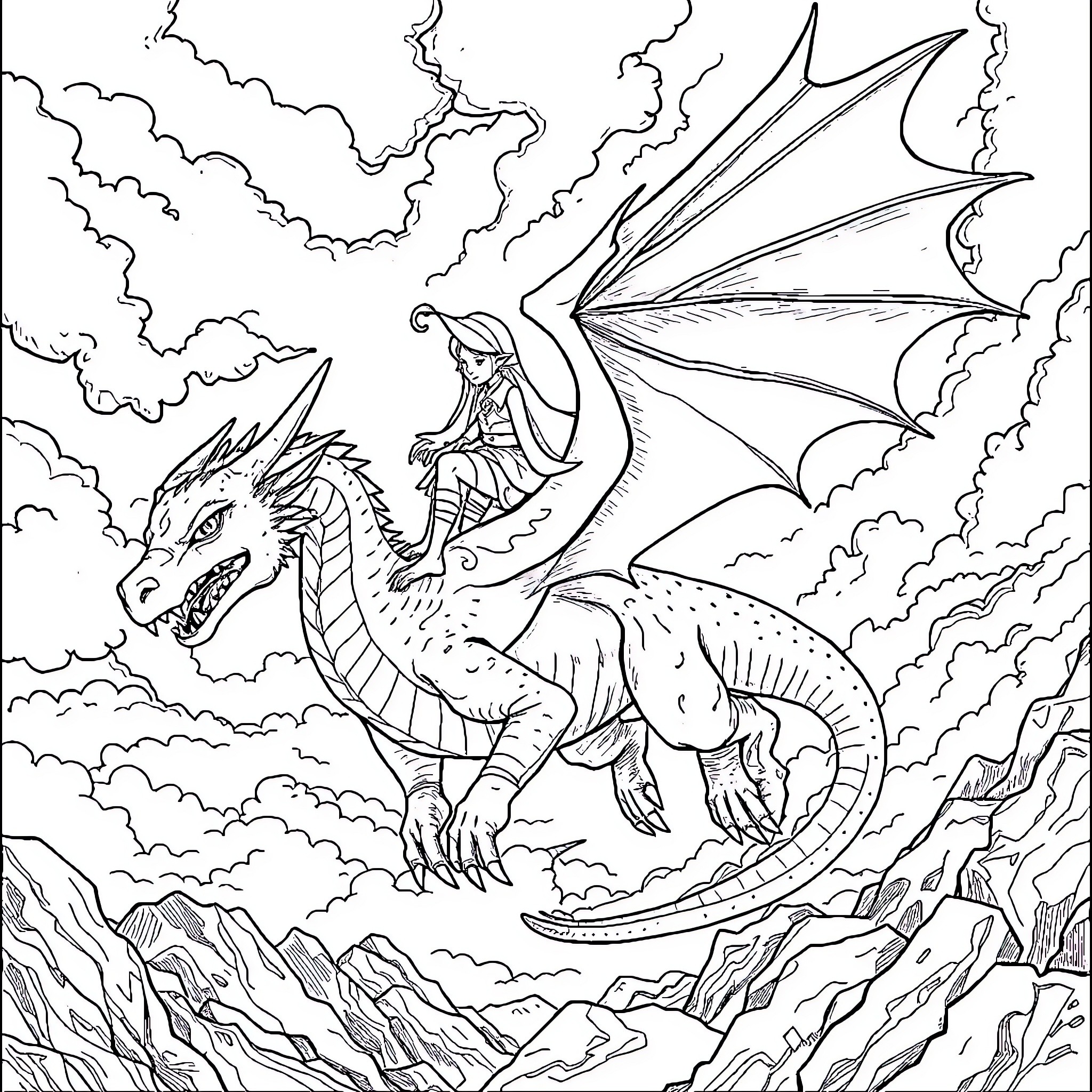 Elf riding a majestic dragon in the clouds Coloring Page (free black-and-white line drawing printable PDF for all, from beginners to advanced learners, including children, teens, adults, and seniors)
