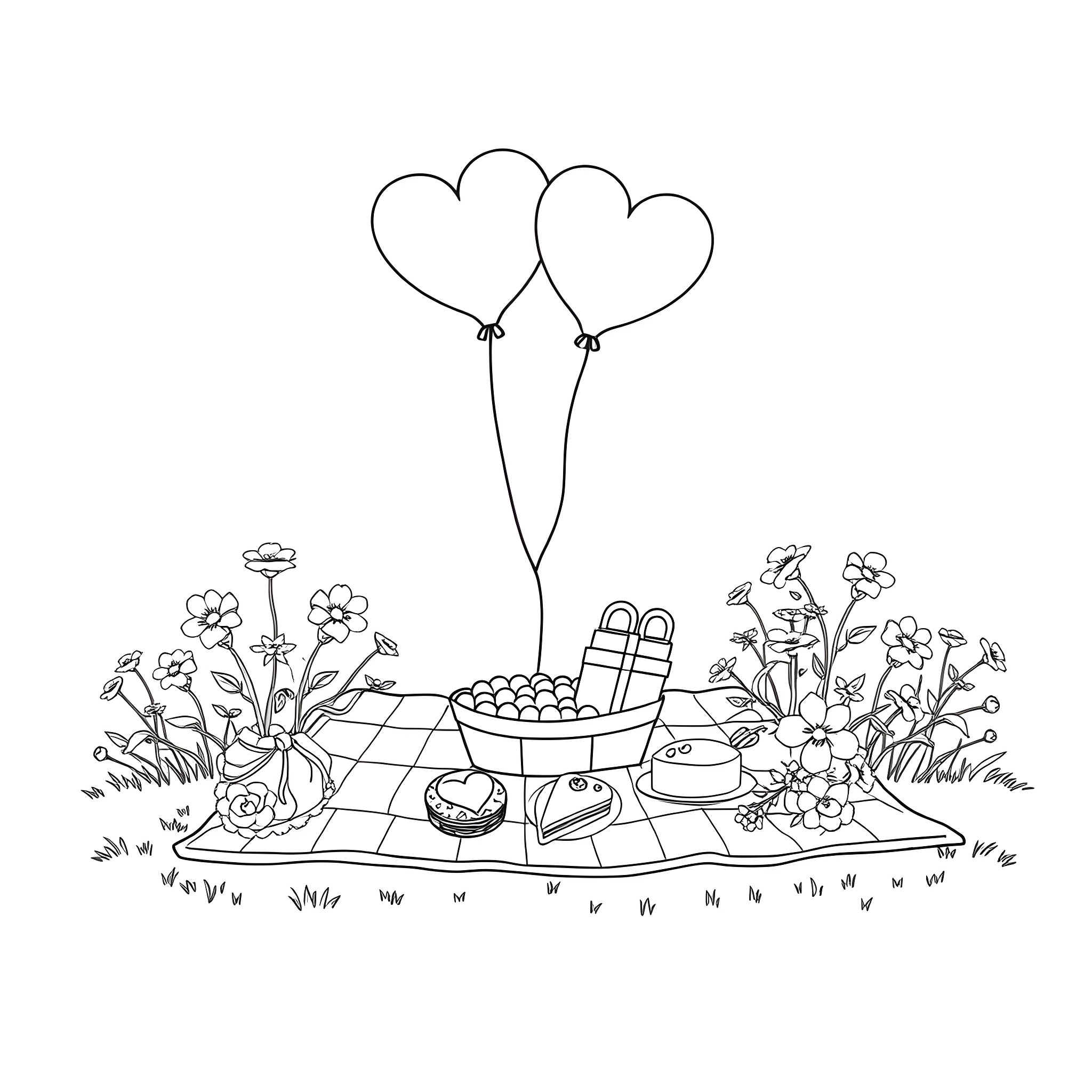 Valentine's Day Picnic with Heart Balloons Coloring Page (free black-and-white line drawing printable PDF for all, from beginners to advanced learners, including children, teens, adults, and seniors)