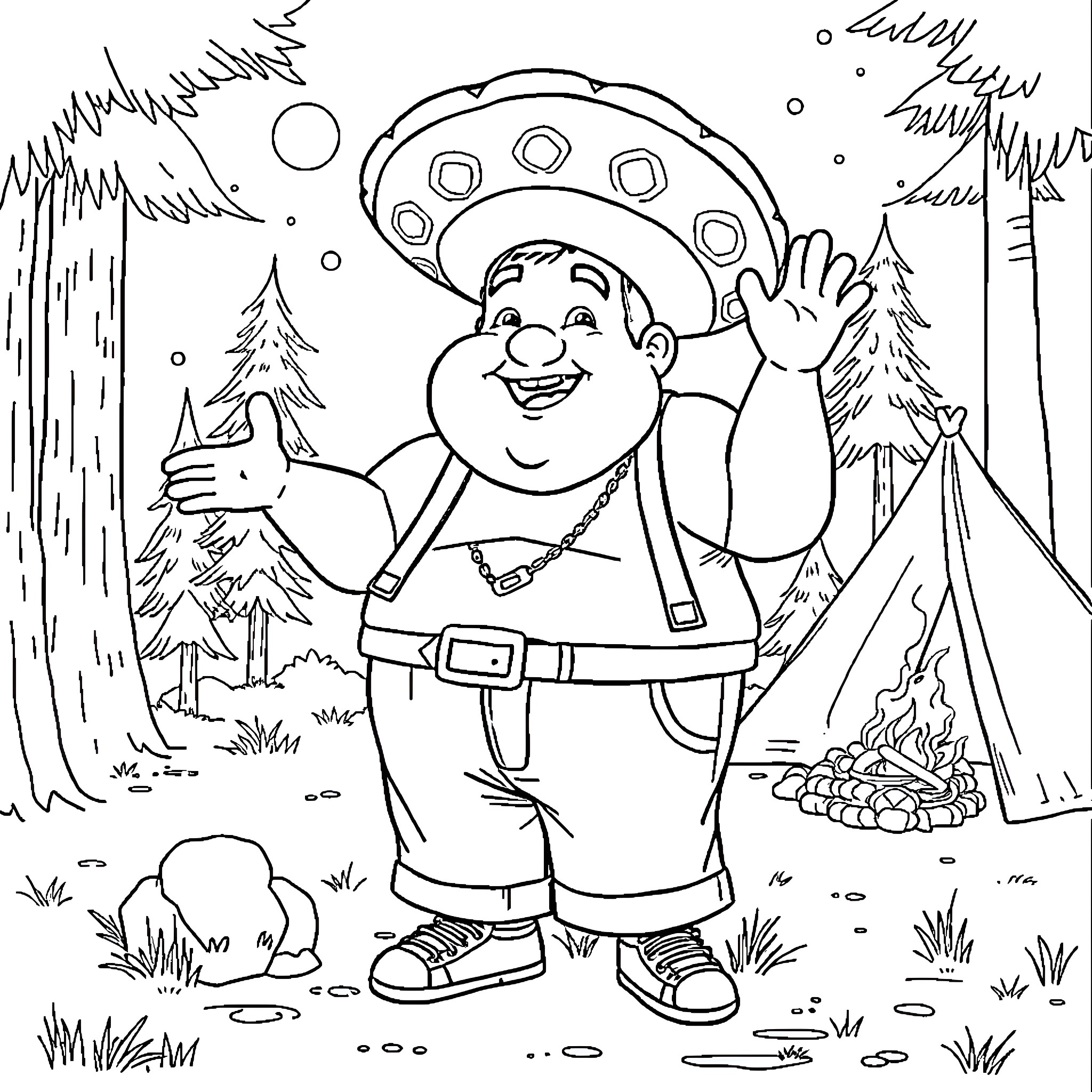 Person camping happily in the woods at night Coloring Page (free black-and-white line drawing printable PDF for all, from beginners to advanced learners, including children, teens, adults, and seniors)