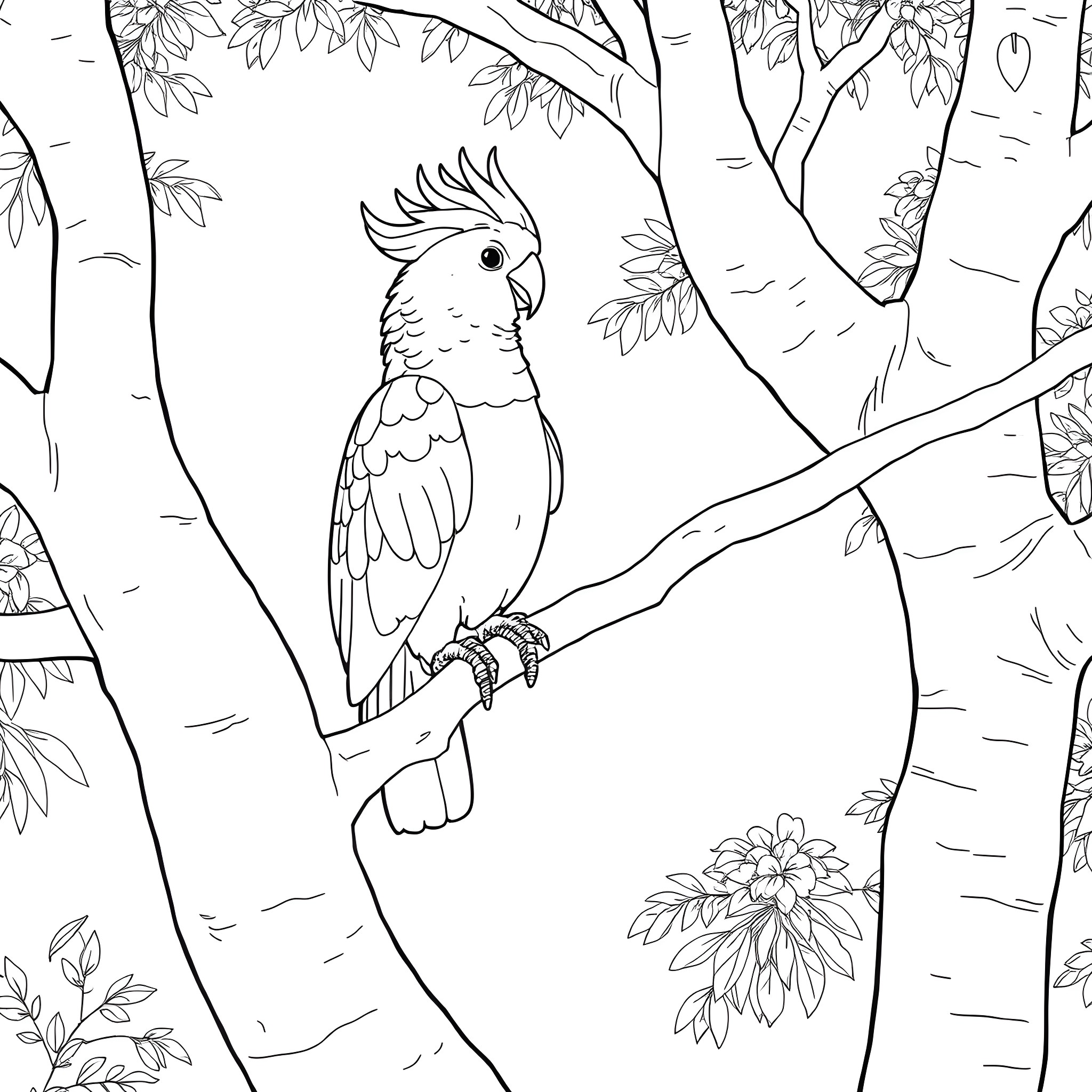 Parrot perched amidst lush foliage Coloring Page (free black-and-white line drawing printable PDF for all, from beginners to advanced learners, including children, teens, adults, and seniors)