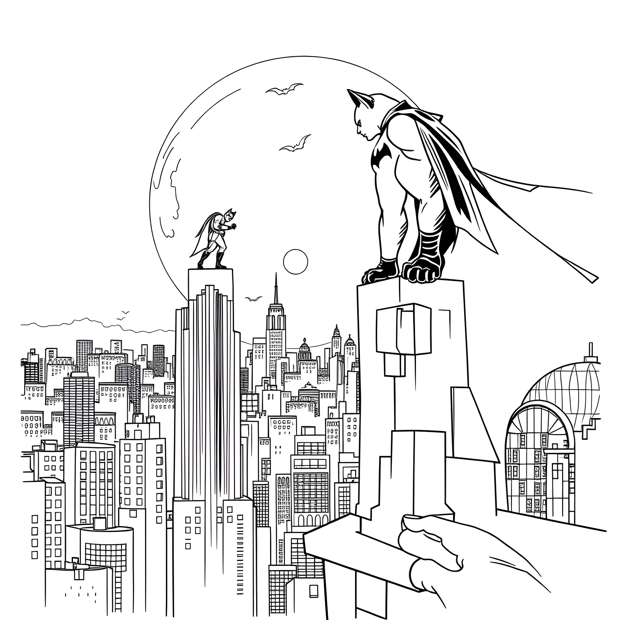 Batcat overlooking the city skyline Coloring Page (free black-and-white line drawing printable PDF for all, from beginners to advanced learners, including children, teens, adults, and seniors)
