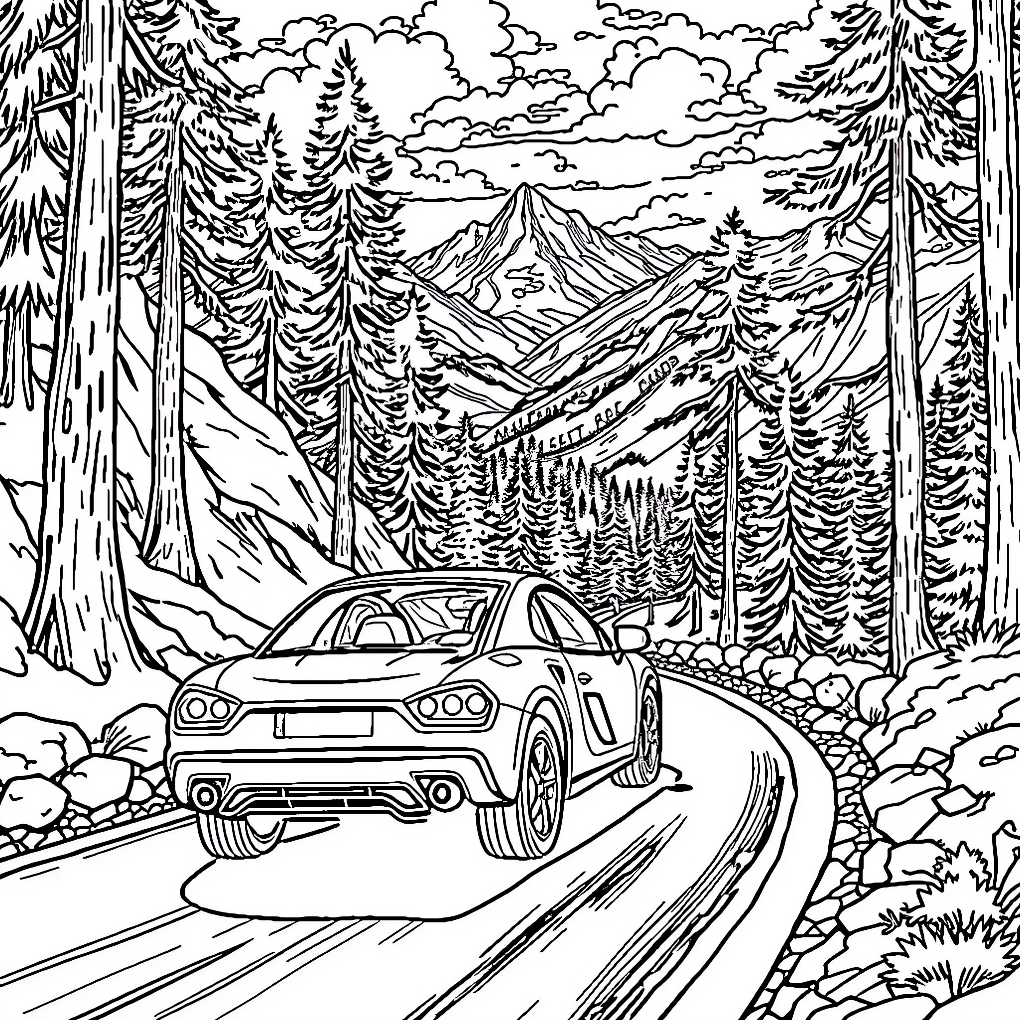 Flashmac car races through mountain landscape Coloring Page (free black-and-white line drawing printable PDF for all, from beginners to advanced learners, including children, teens, adults, and seniors)