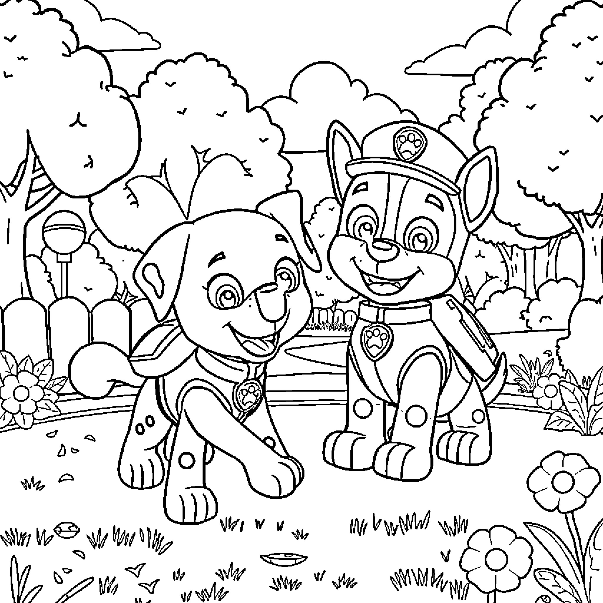 Paw Patrol exploring a vibrant outdoor scene Coloring Page (free black-and-white line drawing printable PDF for all, from beginners to advanced learners, including children, teens, adults, and seniors)