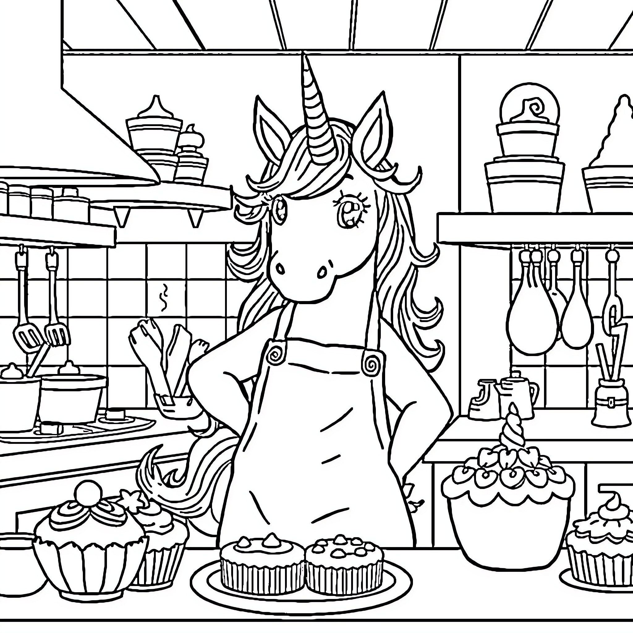 Unicorn Baking in the Kitchen Coloring Page (free black-and-white line drawing printable PDF for all, from beginners to advanced learners, including children, teens, adults, and seniors)