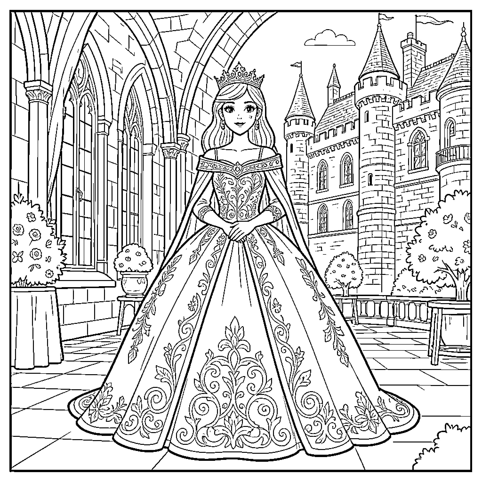 Reine wearing a grand gown in a castle courtyard Coloring Page (free black-and-white line drawing printable PDF for all, from beginners to advanced learners, including children, teens, adults, and seniors)