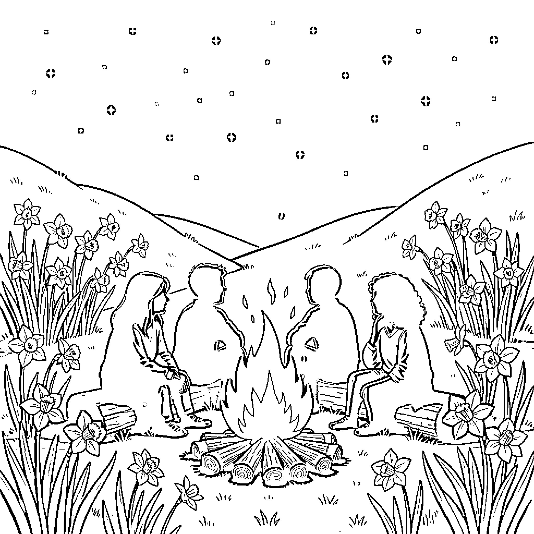 Family Gathered Around Campfire in Floral Meadow Coloring Page (free black-and-white line drawing printable PDF for all, from beginners to advanced learners, including children, teens, adults, and seniors)