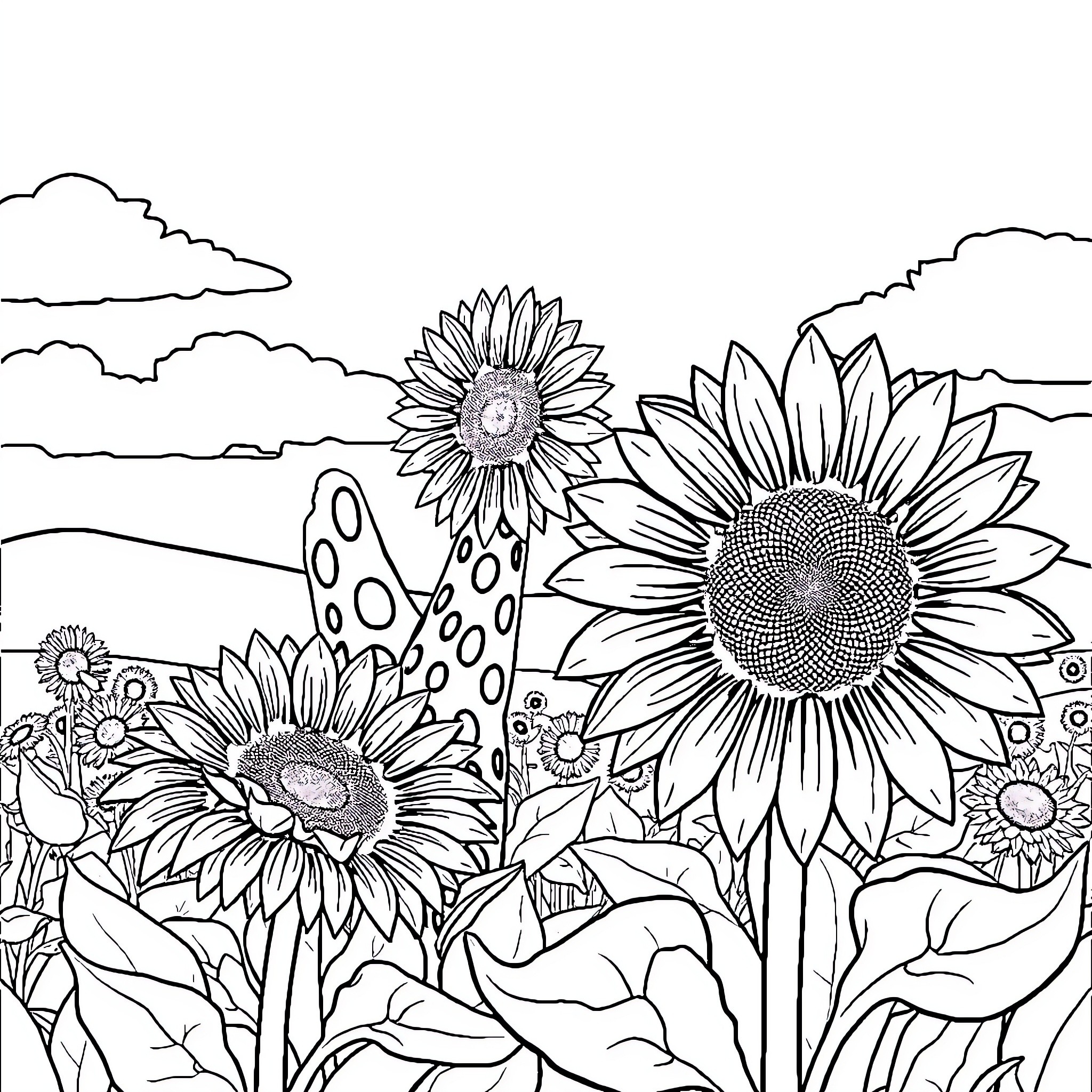 Sunflower field with clouds and landscape Coloring Page (free black-and-white line drawing printable PDF for all, from beginners to advanced learners, including children, teens, adults, and seniors)