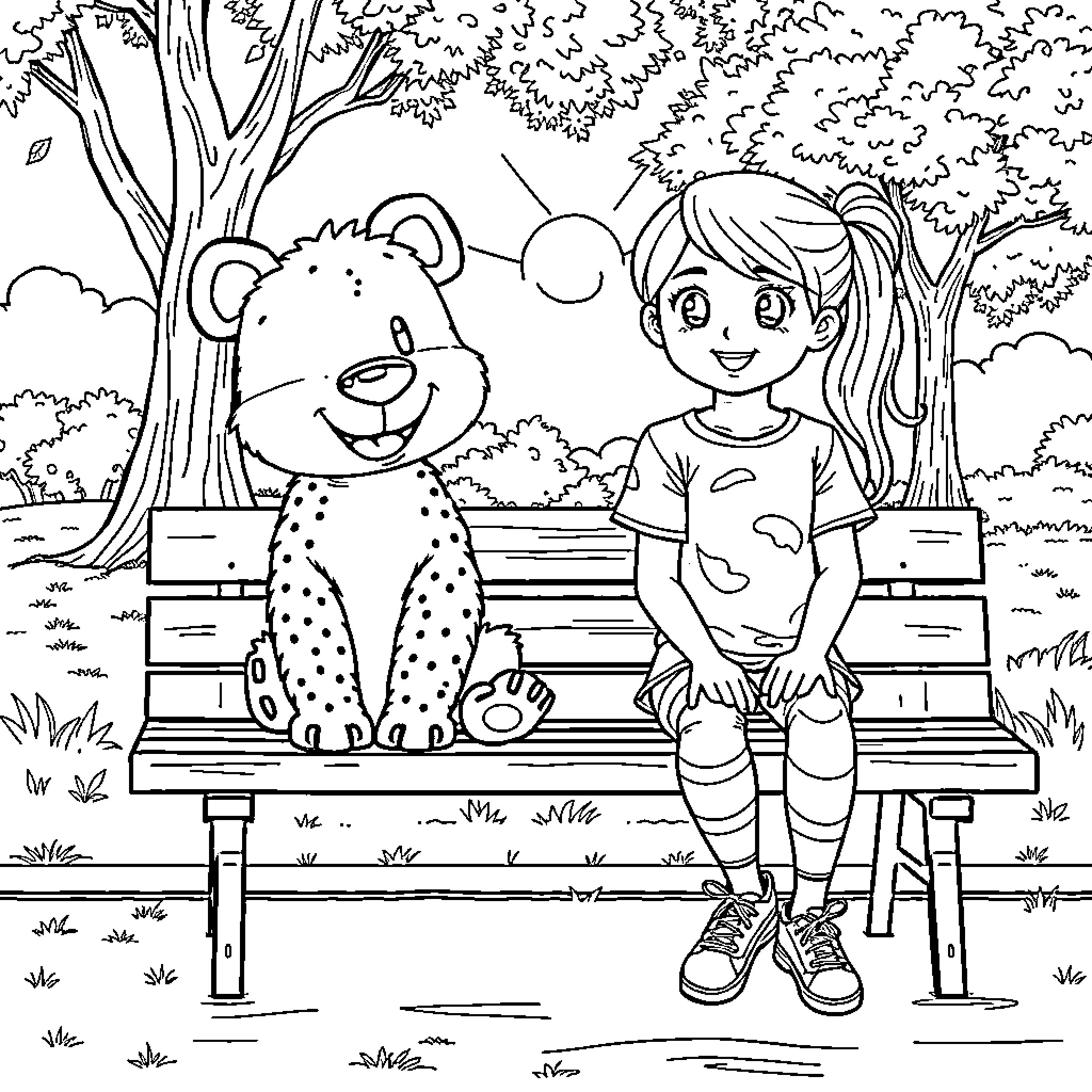 Labubu and the friendly girl in the park Coloring Page (free black-and-white line drawing printable PDF for all, from beginners to advanced learners, including children, teens, adults, and seniors)