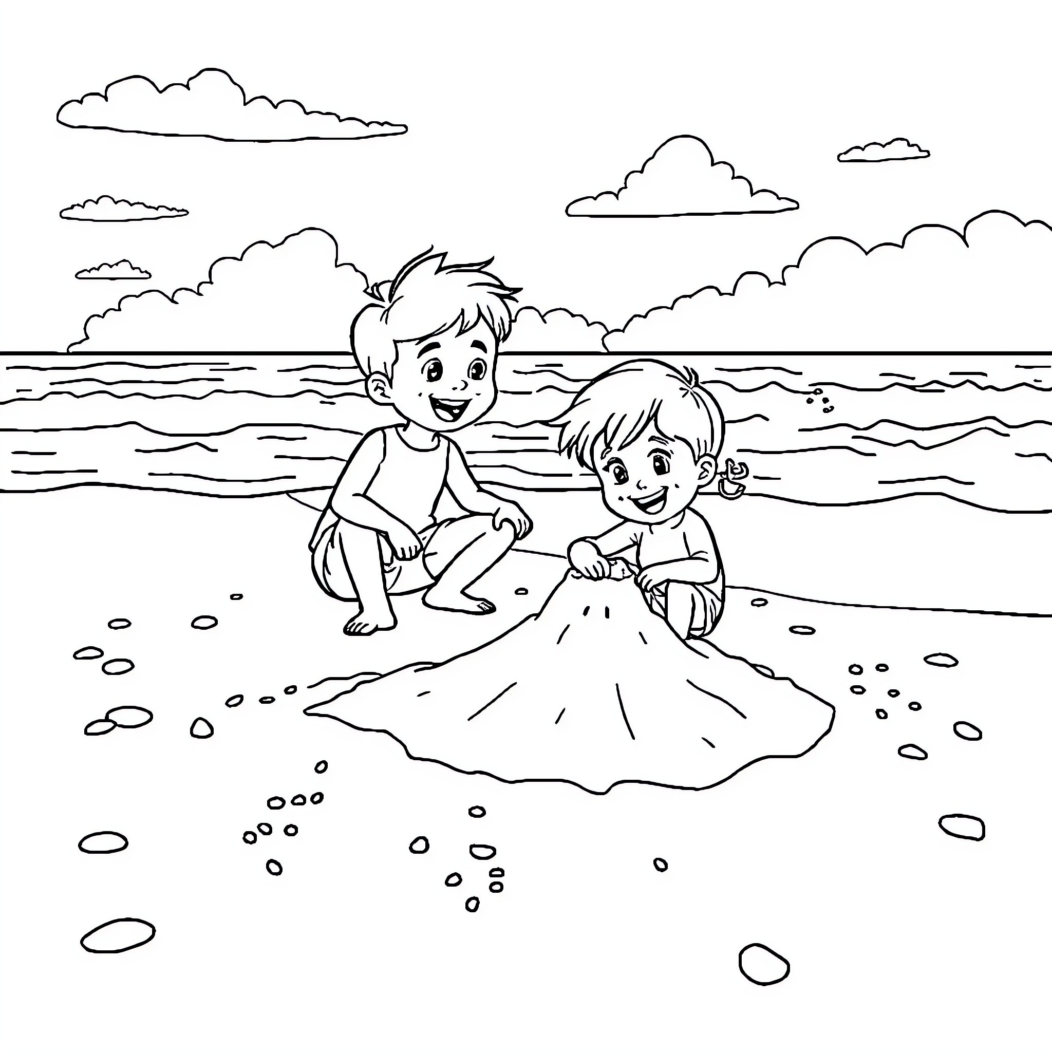 Kid playing joyfully at the beach Coloring Page (free black-and-white line drawing printable PDF for all, from beginners to advanced learners, including children, teens, adults, and seniors)