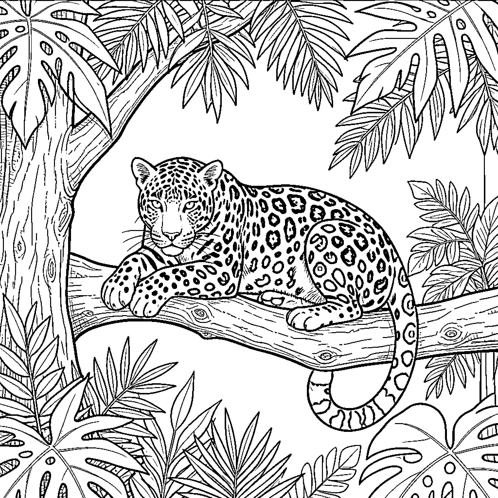 Jaguar resting peacefully on a tree branch Coloring Page (free black-and-white line drawing printable PDF for all, from beginners to advanced learners, including children, teens, adults, and seniors)