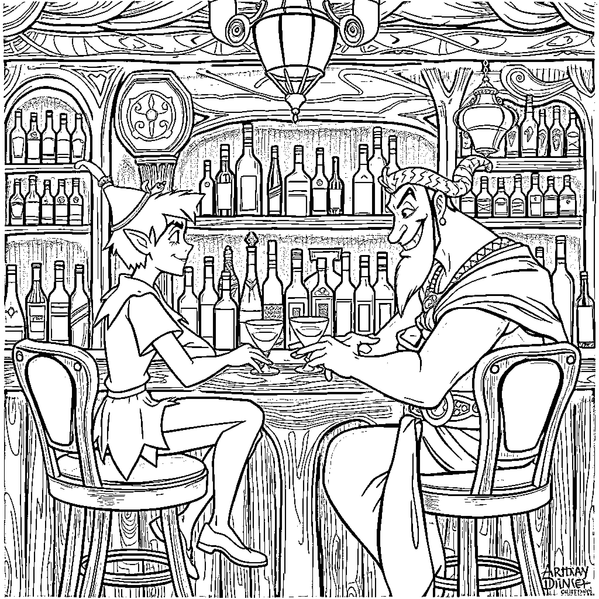 Peter Pan relaxing in a whimsical bar scene Coloring Page (free black-and-white line drawing printable PDF for all, from beginners to advanced learners, including children, teens, adults, and seniors)