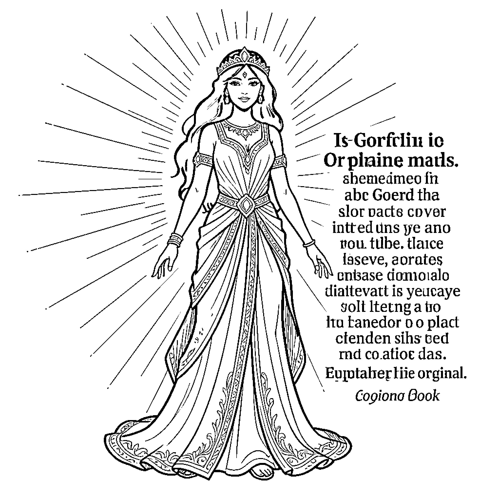 Goddess in Regal Attire and Radiant Pose Coloring Page (free black-and-white line drawing printable PDF for all, from beginners to advanced learners, including children, teens, adults, and seniors)