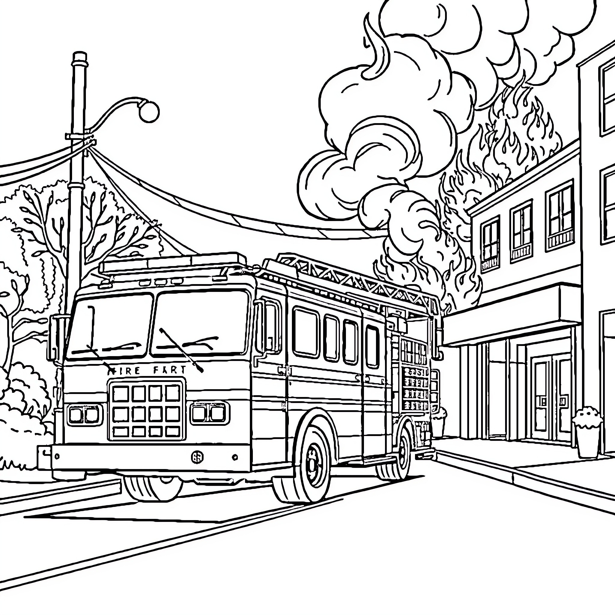 Firetruck responding to emergency at city building Coloring Page (free black-and-white line drawing printable PDF for all, from beginners to advanced learners, including children, teens, adults, and seniors)