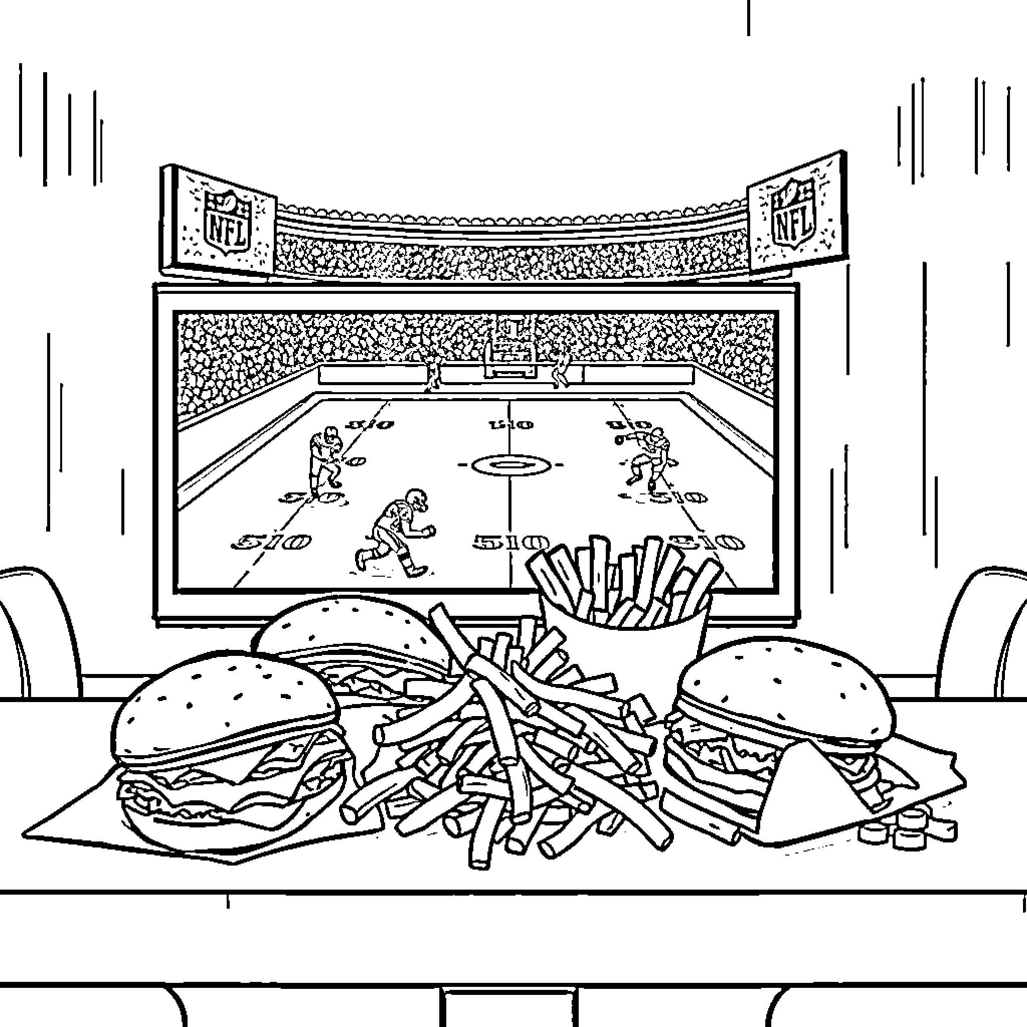 Fast Food Football Feast in Stadium Coloring Page (free black-and-white line drawing printable PDF for all, from beginners to advanced learners, including children, teens, adults, and seniors)