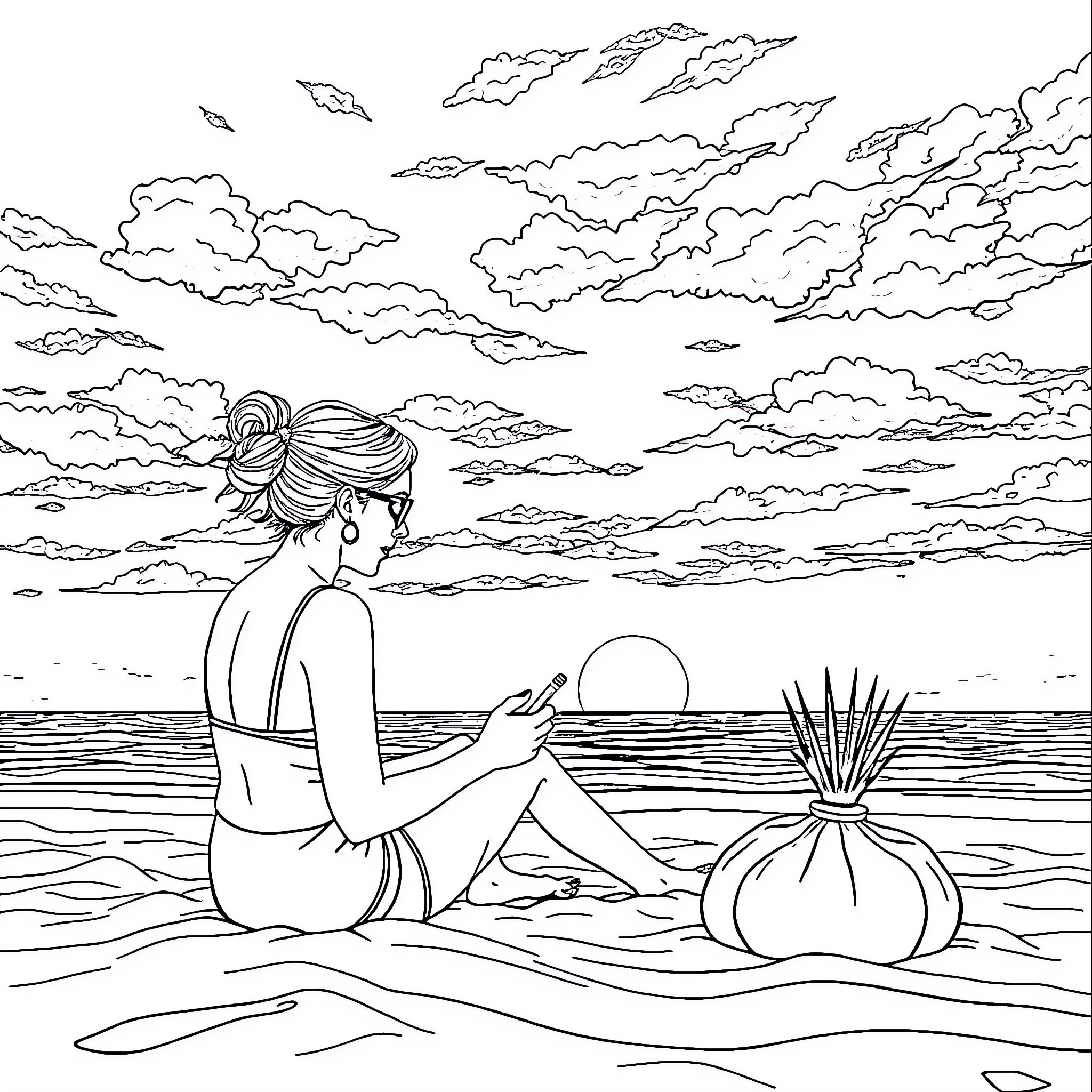 Nail a Serene Beachside Meditation Session Coloring Page (free black-and-white line drawing printable PDF for all, from beginners to advanced learners, including children, teens, adults, and seniors)