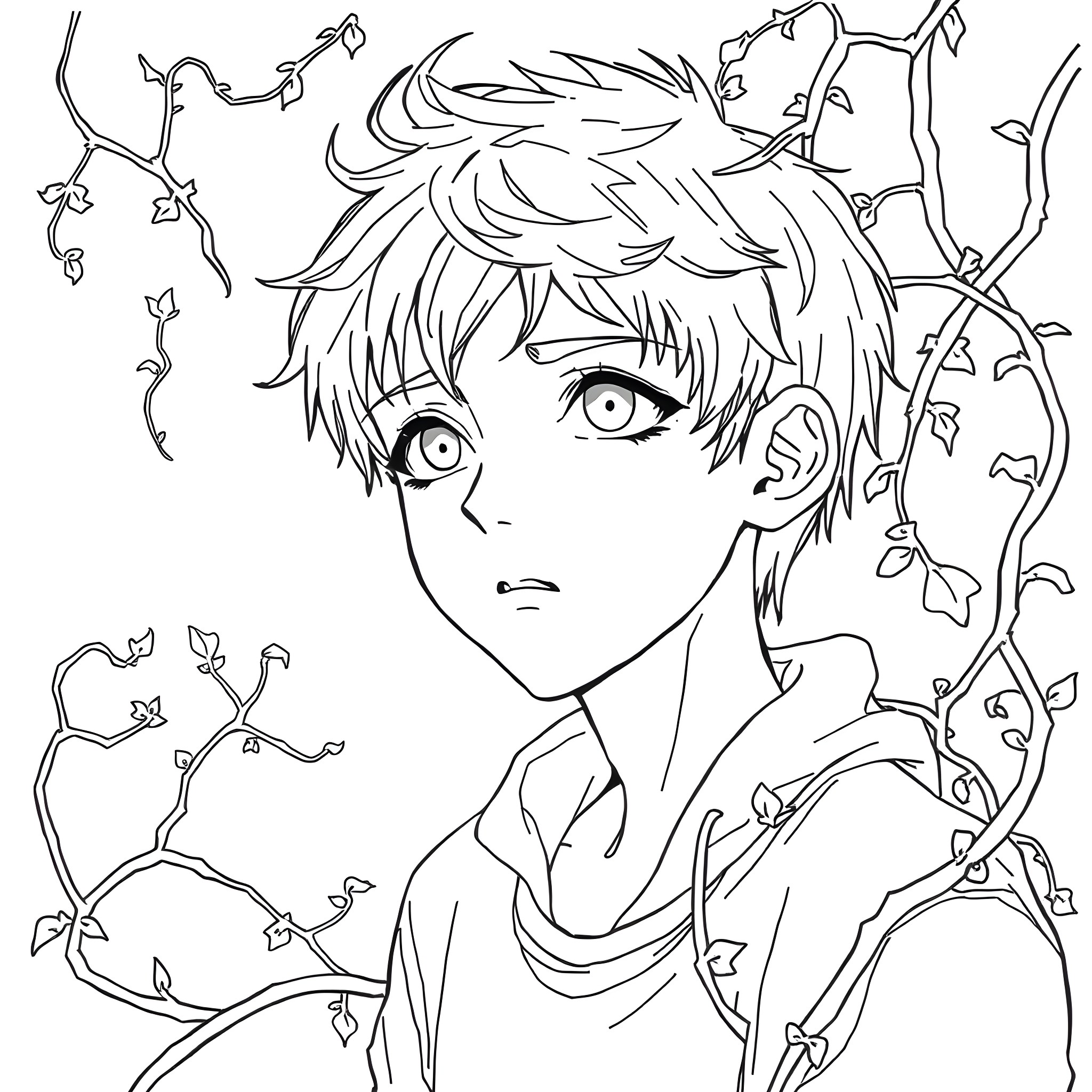 Emo Boy Surrounded by Intricate Branches Coloring Page (free black-and-white line drawing printable PDF for all, from beginners to advanced learners, including children, teens, adults, and seniors)
