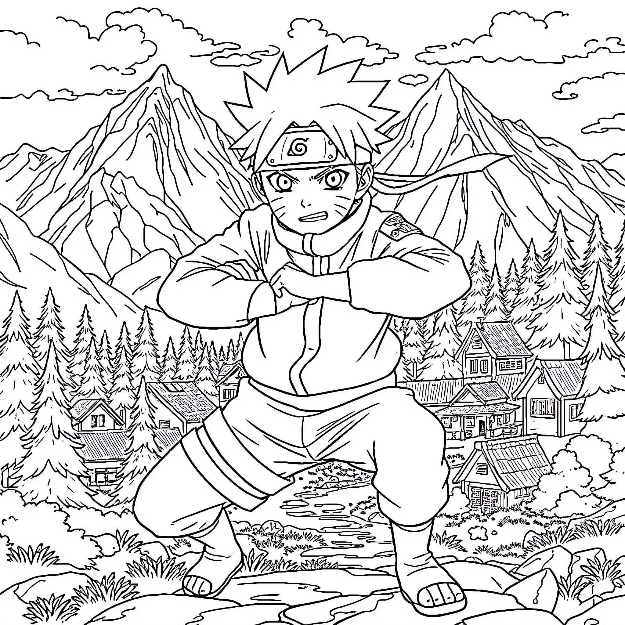 Naruto's Adventurous Journey in the Mountainous Landscape Coloring Page (free black-and-white line drawing printable PDF for all, from beginners to advanced learners, including children, teens, adults, and seniors)