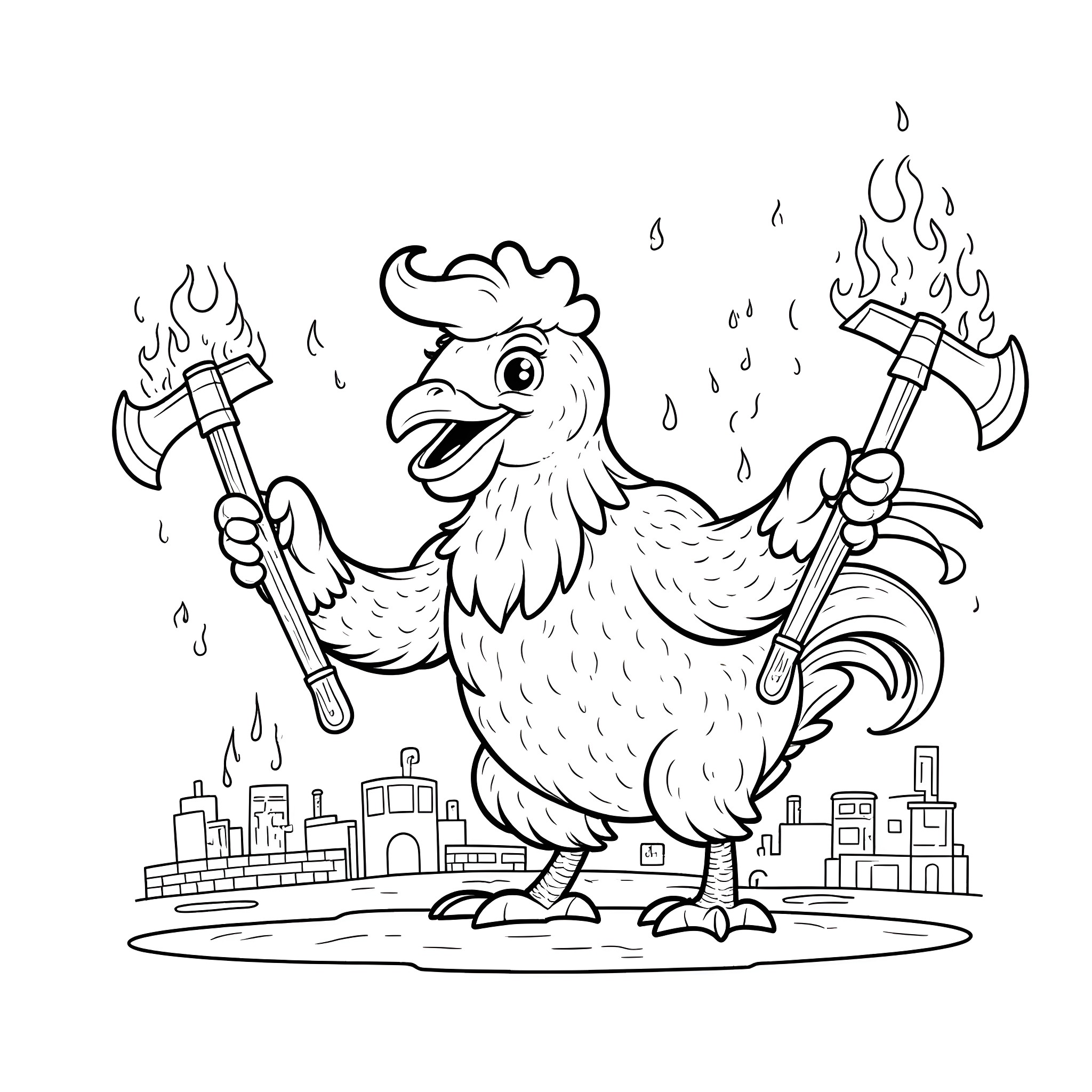 Chicken Handyman with Firefighting Gear Coloring Page (free black-and-white line drawing printable PDF for all, from beginners to advanced learners, including children, teens, adults, and seniors)