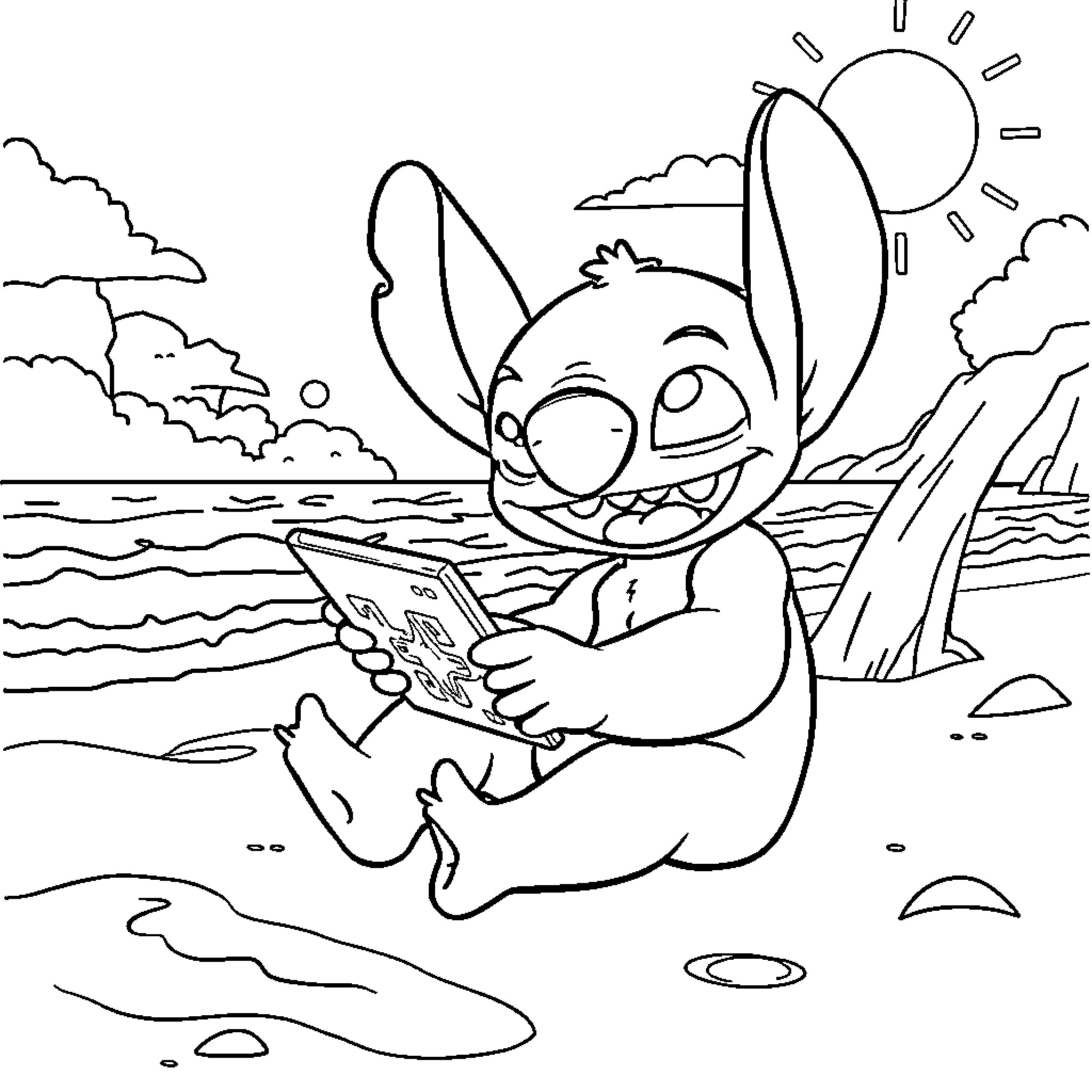 Stitch relaxing on the beach with a book Coloring Page (free black-and-white line drawing printable PDF for all, from beginners to advanced learners, including children, teens, adults, and seniors)