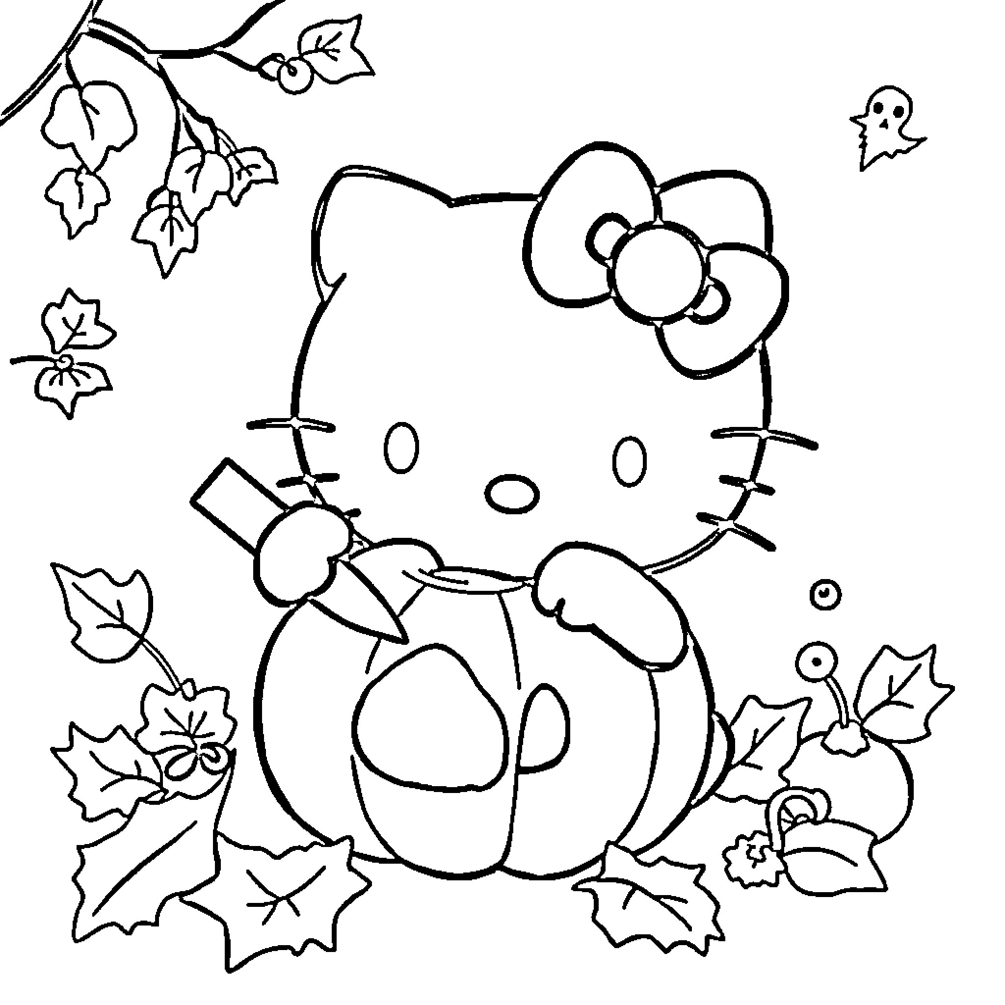Hello Kitty playing with autumn leaves Coloring Page (free black-and-white line drawing printable PDF for all, from beginners to advanced learners, including children, teens, adults, and seniors)