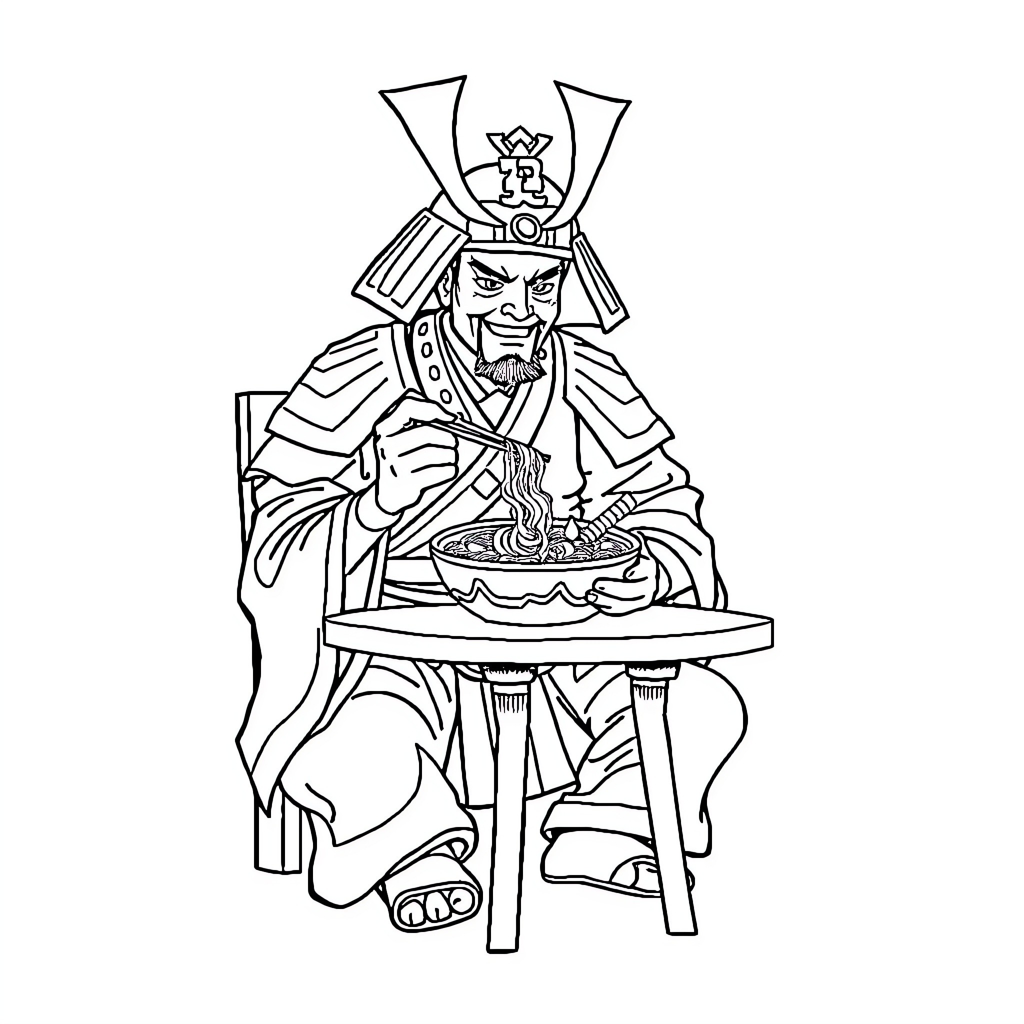 Samurai Warrior Enjoying Meal in Contemplation Coloring Page (free black-and-white line drawing printable PDF for all, from beginners to advanced learners, including children, teens, adults, and seniors)