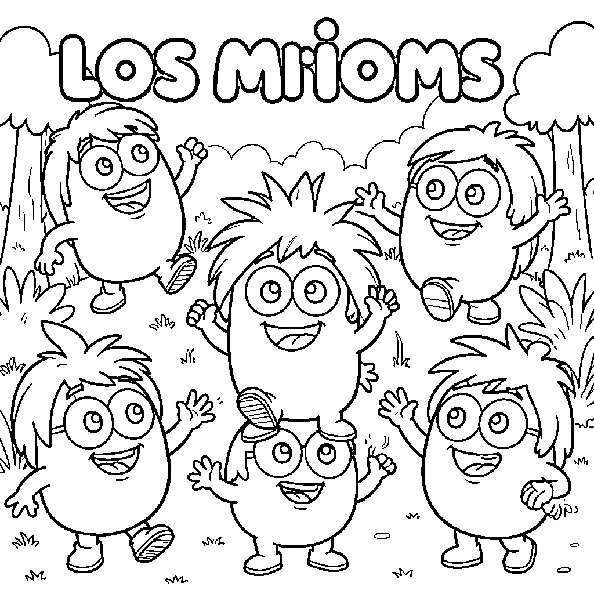 Minions playing happily in the forest Coloring Page (free black-and-white line drawing printable PDF for all, from beginners to advanced learners, including children, teens, adults, and seniors)