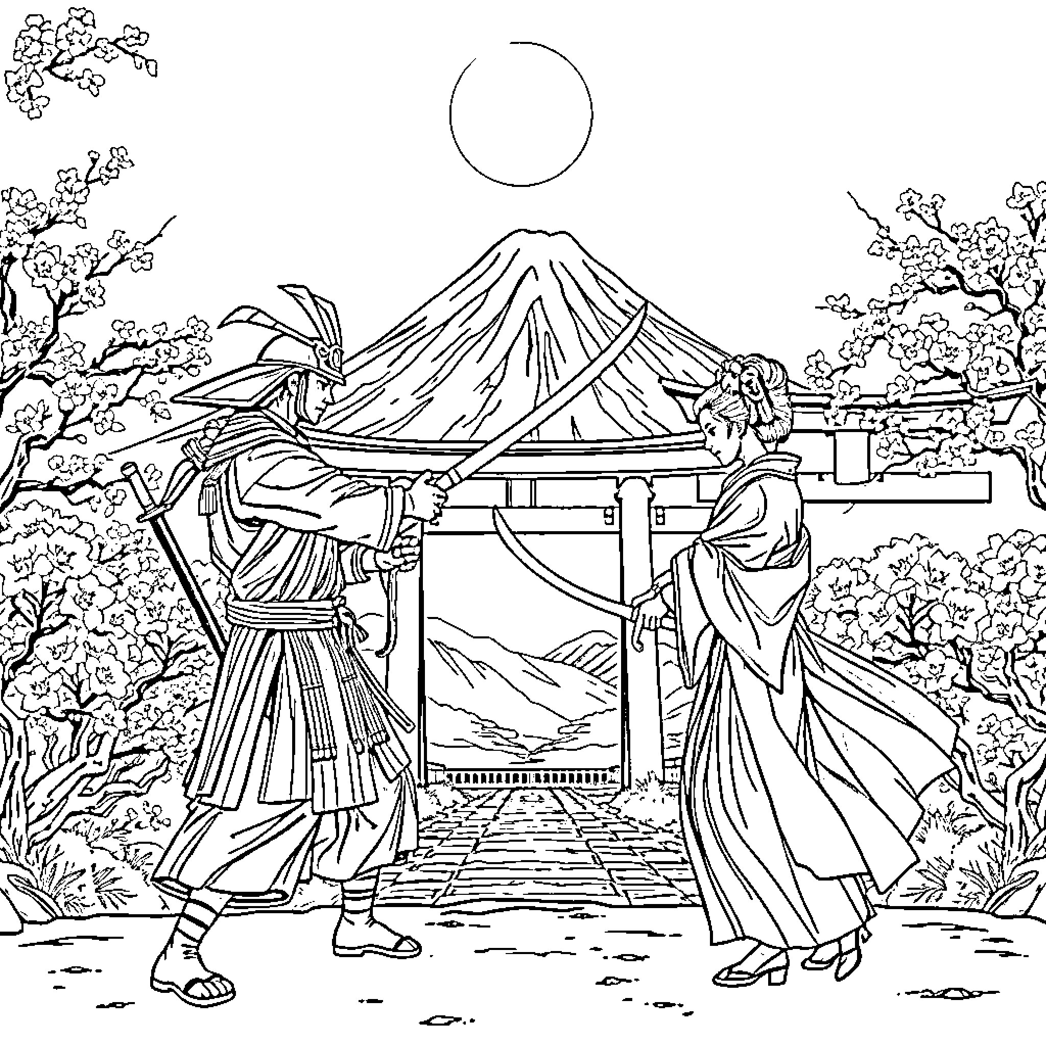 Samurai engaged in traditional ritual ceremony Coloring Page (free black-and-white line drawing printable PDF for all, from beginners to advanced learners, including children, teens, adults, and seniors)