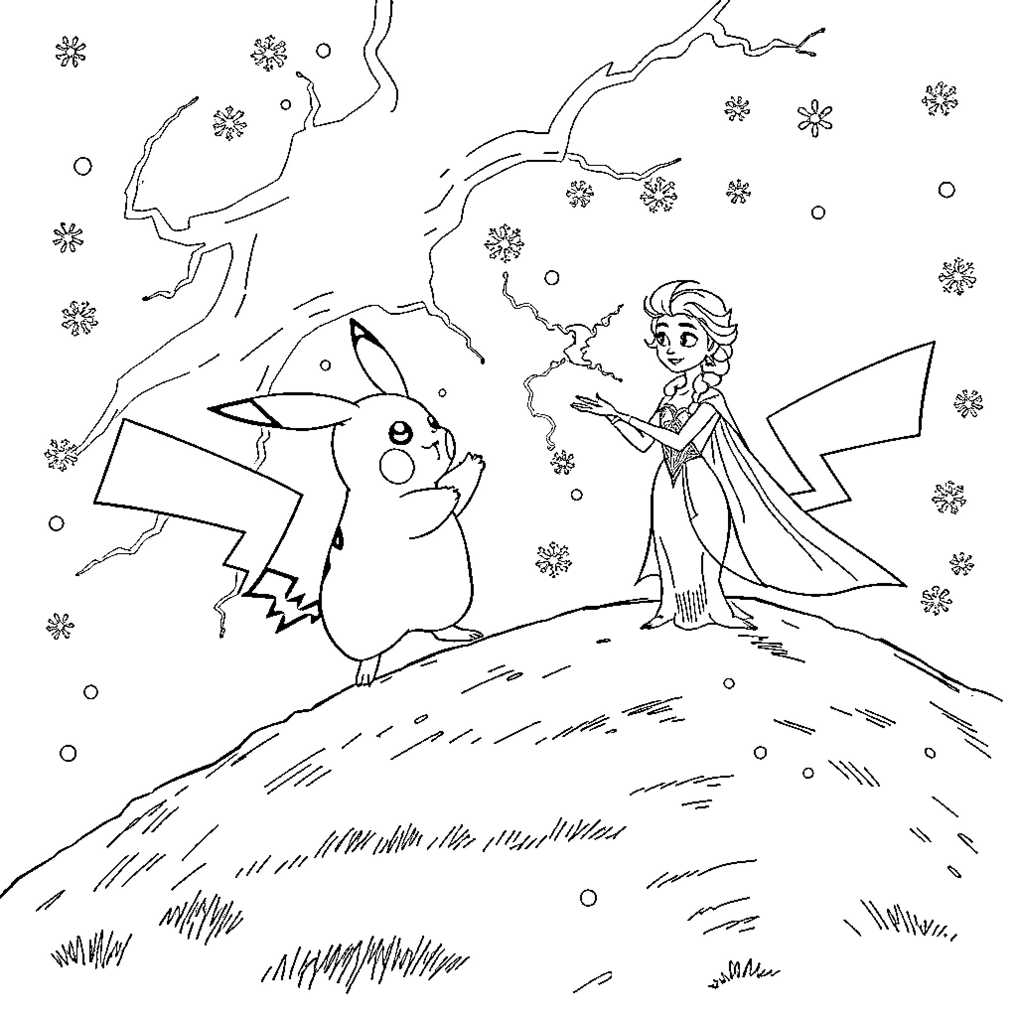 Pikachu and Elsa explore a snowy winter wonderland Coloring Page (free black-and-white line drawing printable PDF for all, from beginners to advanced learners, including children, teens, adults, and seniors)
