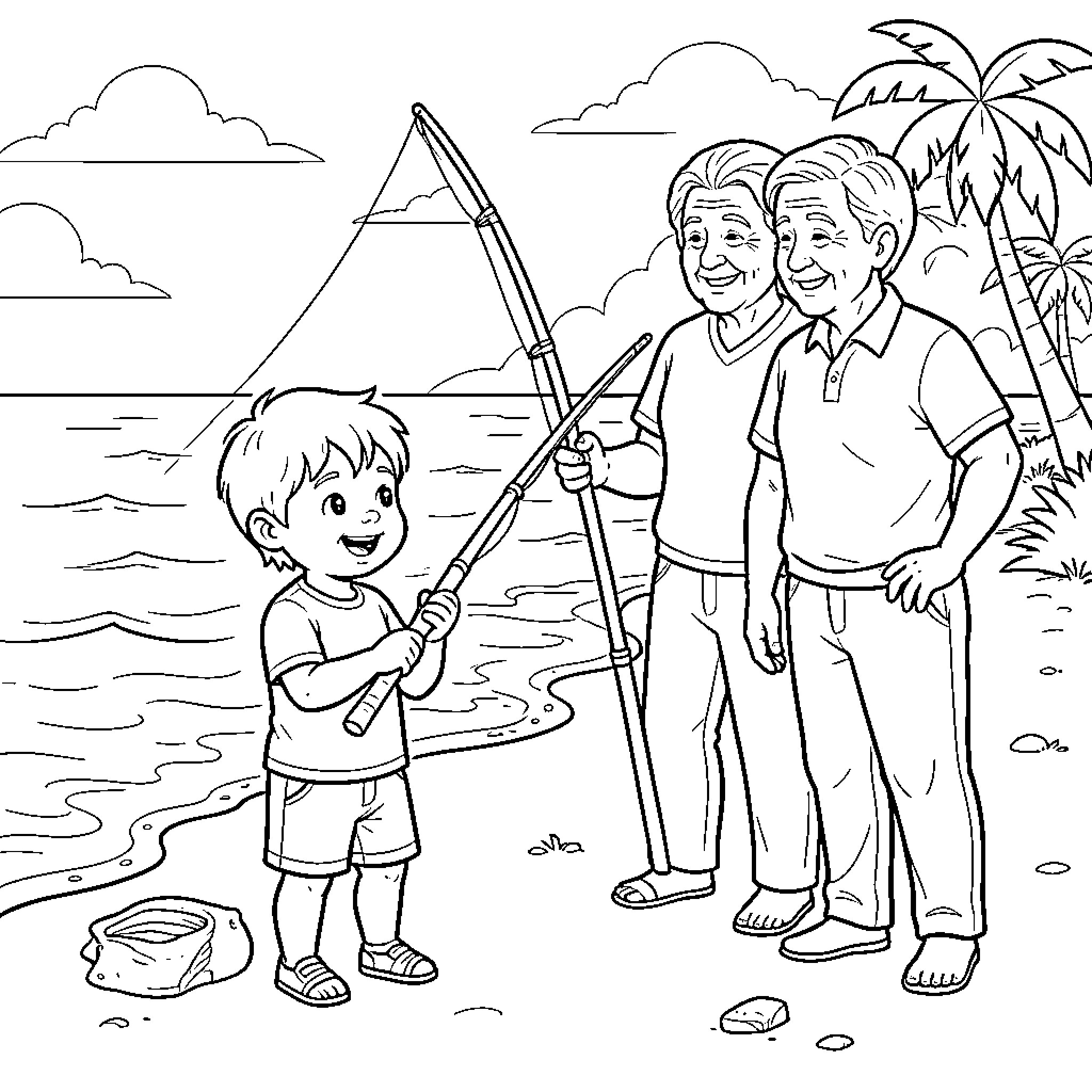 Enfant fishing with grandparents on the beach Coloring Page (free black-and-white line drawing printable PDF for all, from beginners to advanced learners, including children, teens, adults, and seniors)