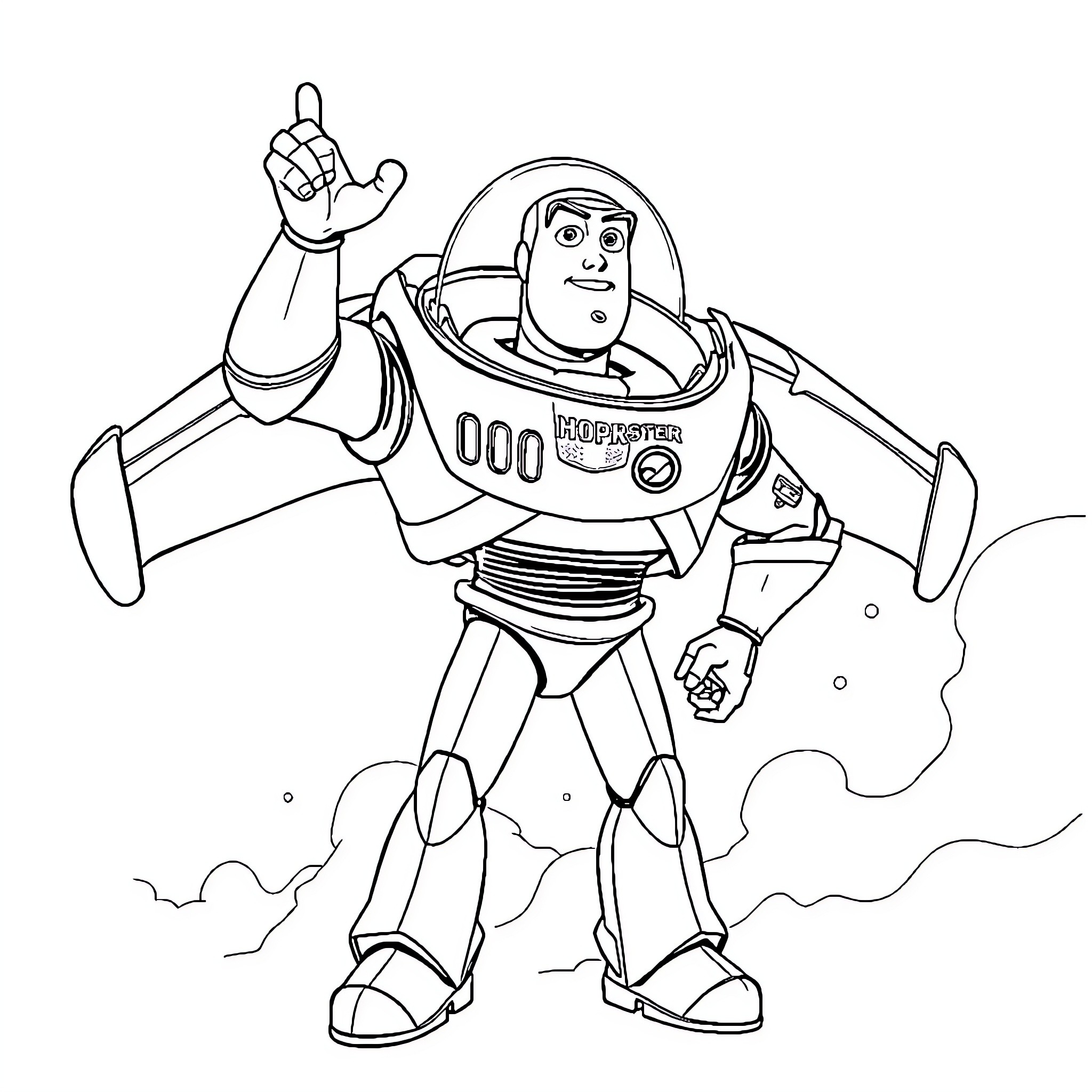 Buzz Lightyear preparing for space adventure Coloring Page (free black-and-white line drawing printable PDF for all, from beginners to advanced learners, including children, teens, adults, and seniors)