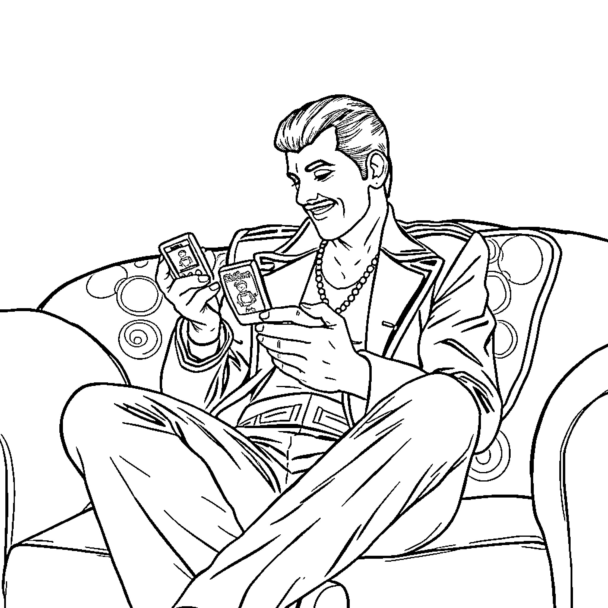 Freddie Mercury enjoying music and entertainment Coloring Page (free black-and-white line drawing printable PDF for all, from beginners to advanced learners, including children, teens, adults, and seniors)