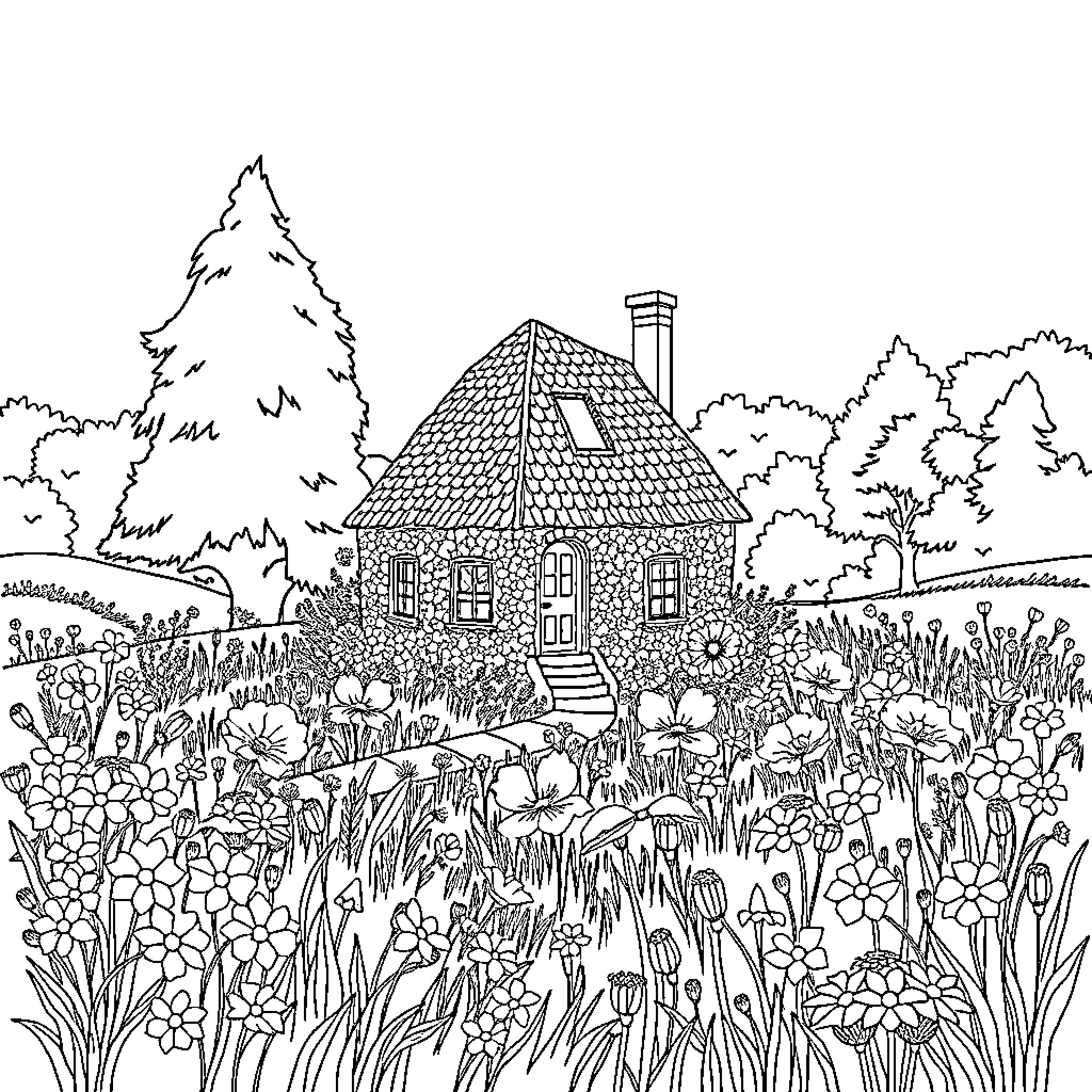 House Surrounded by Flourishing Garden Landscape Coloring Page (free black-and-white line drawing printable PDF for all, from beginners to advanced learners, including children, teens, adults, and seniors)