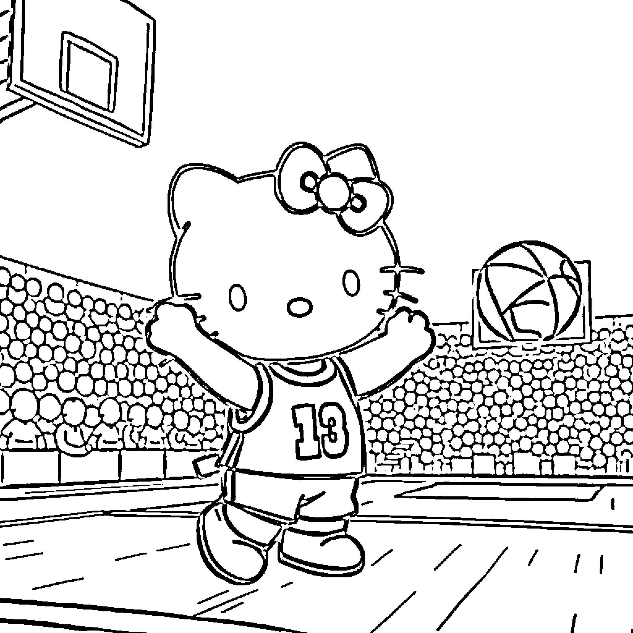 Hello Kitty playing basketball on the court Coloring Page (free black-and-white line drawing printable PDF for all, from beginners to advanced learners, including children, teens, adults, and seniors)