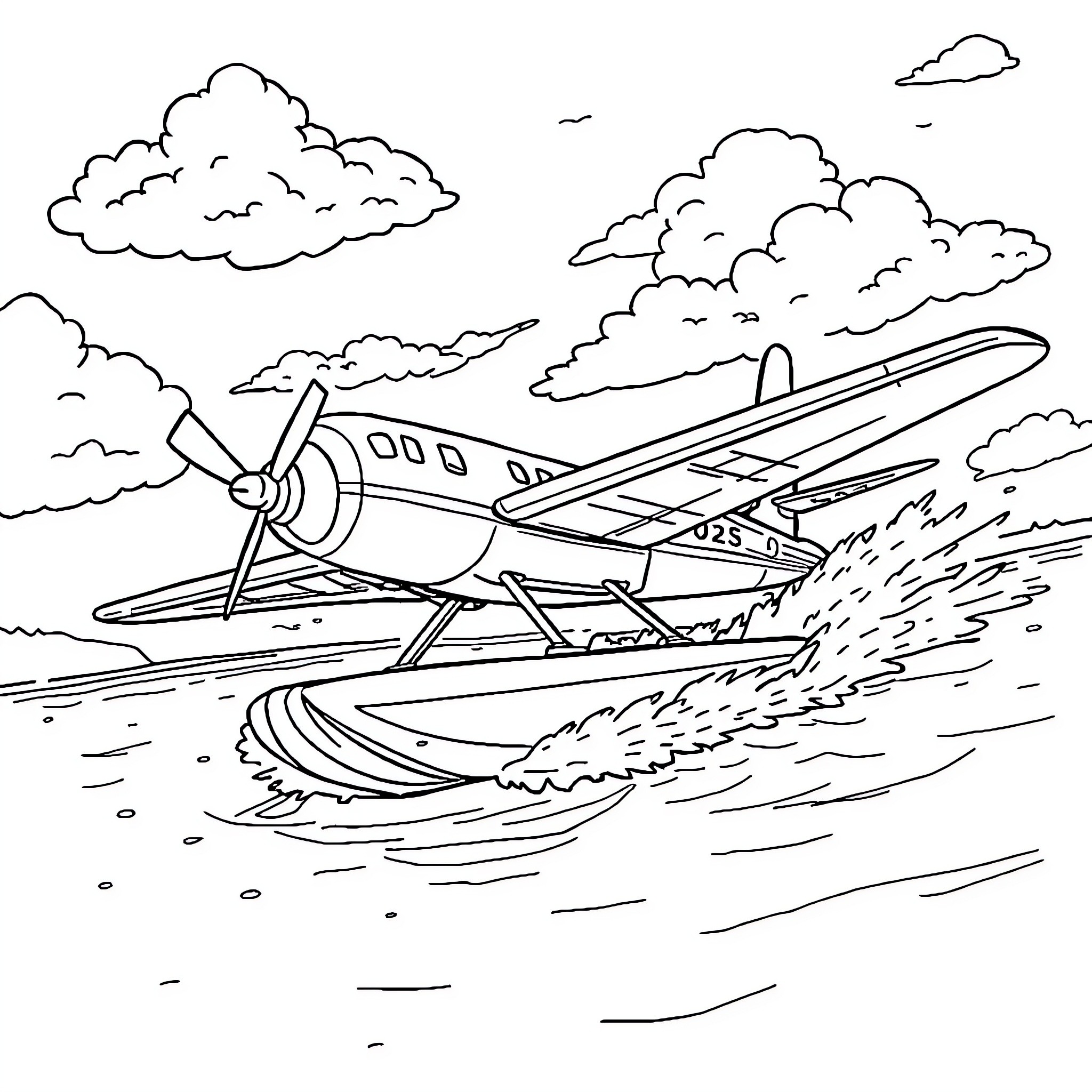 Plane taking off from water surface Coloring Page (free black-and-white line drawing printable PDF for all, from beginners to advanced learners, including children, teens, adults, and seniors)