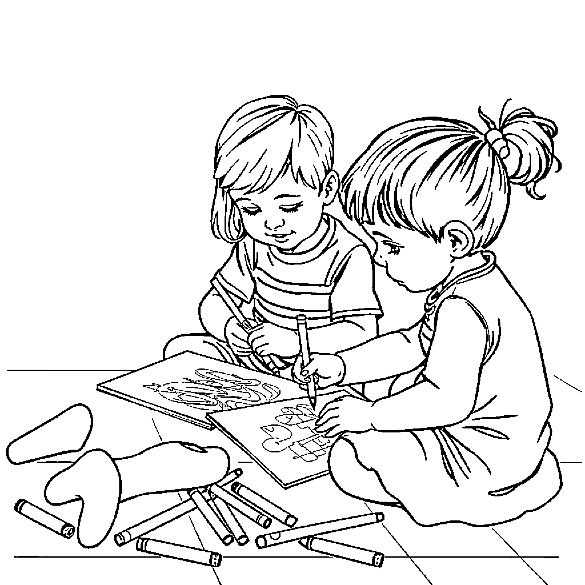 Child coloring with friends on the floor Coloring Page (free black-and-white line drawing printable PDF for all, from beginners to advanced learners, including children, teens, adults, and seniors)