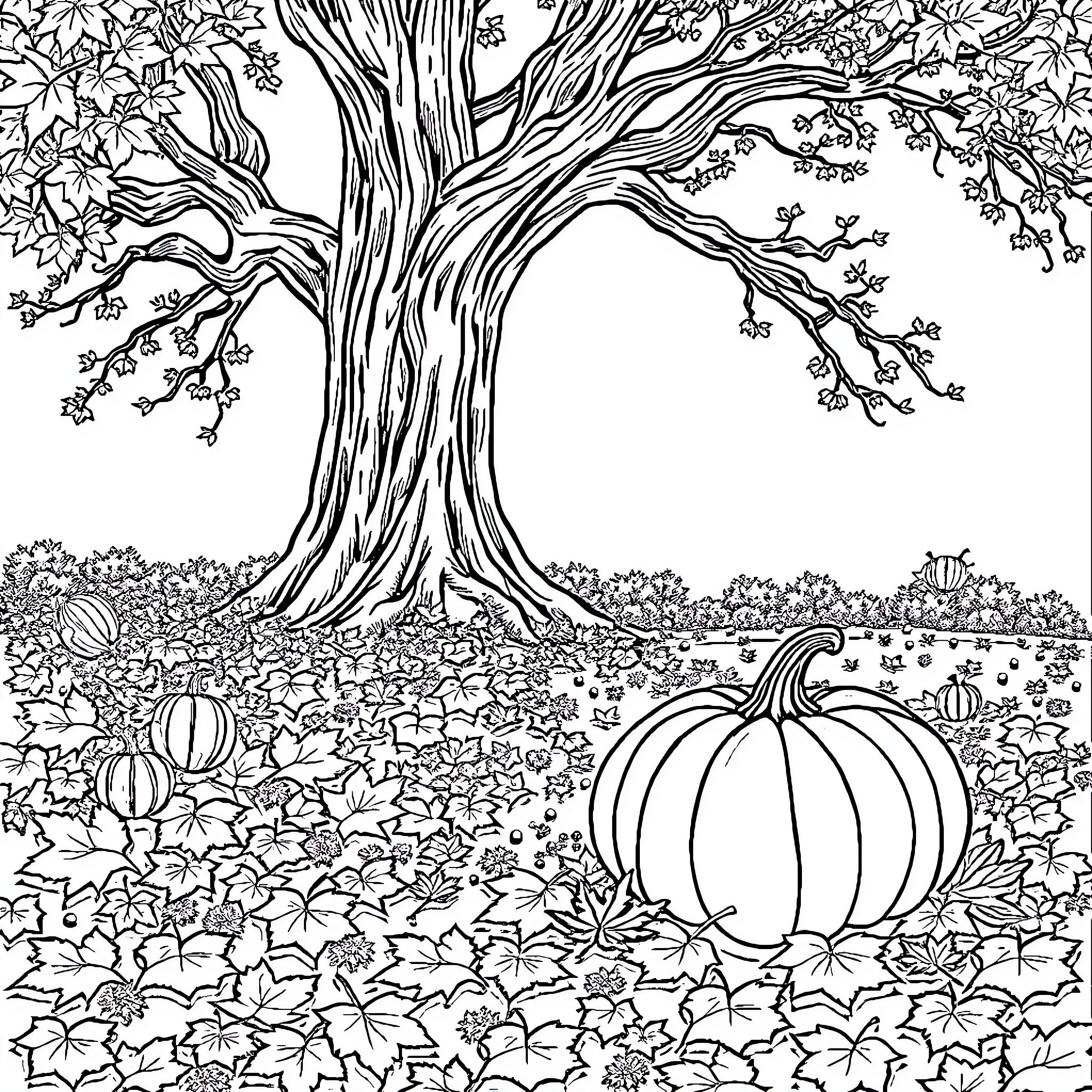 Leaf tree in autumn landscape with pumpkin Coloring Page (free black-and-white line drawing printable PDF for all, from beginners to advanced learners, including children, teens, adults, and seniors)