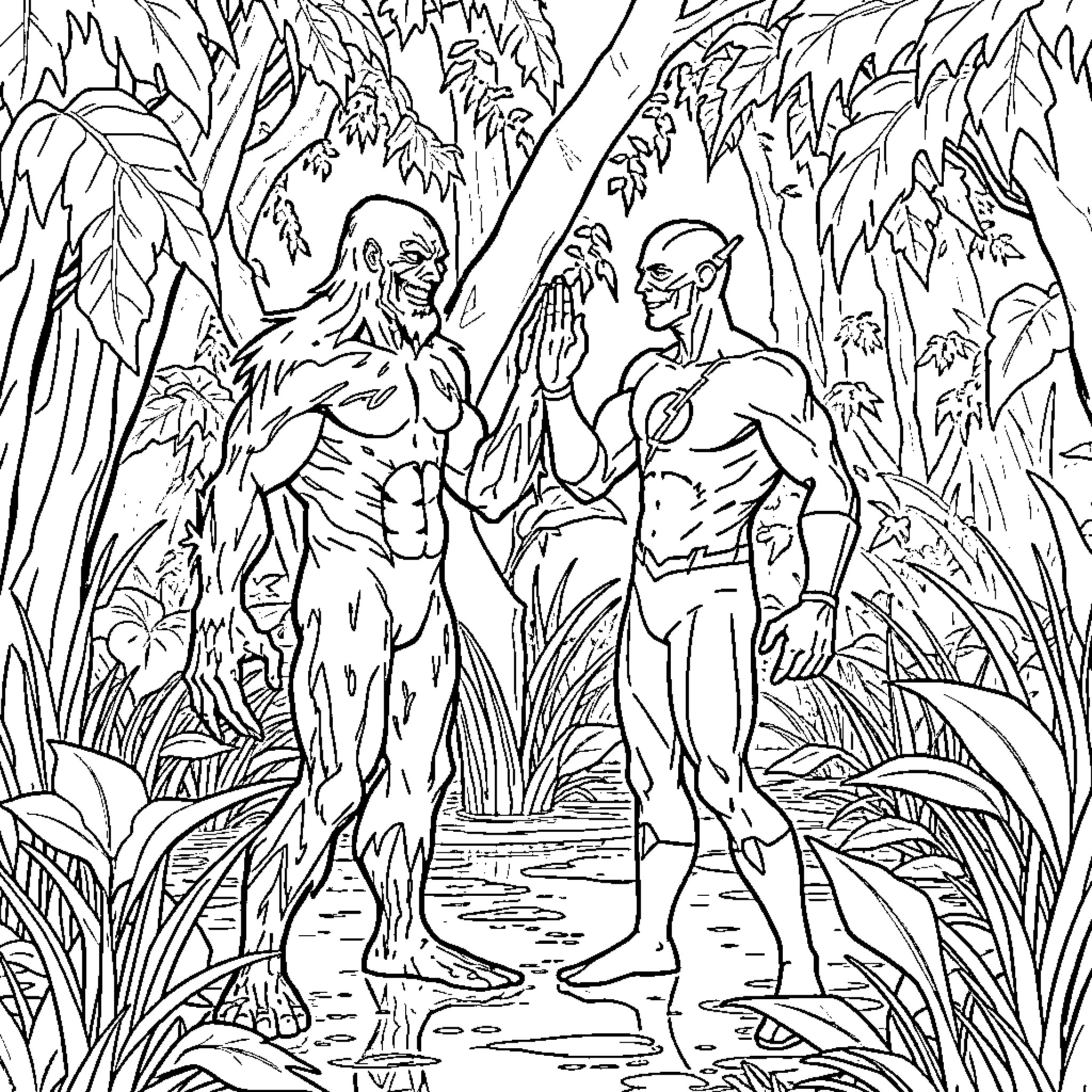 Swamp Thing and Superhero in Mysterious Swamp Coloring Page (free black-and-white line drawing printable PDF for all, from beginners to advanced learners, including children, teens, adults, and seniors)