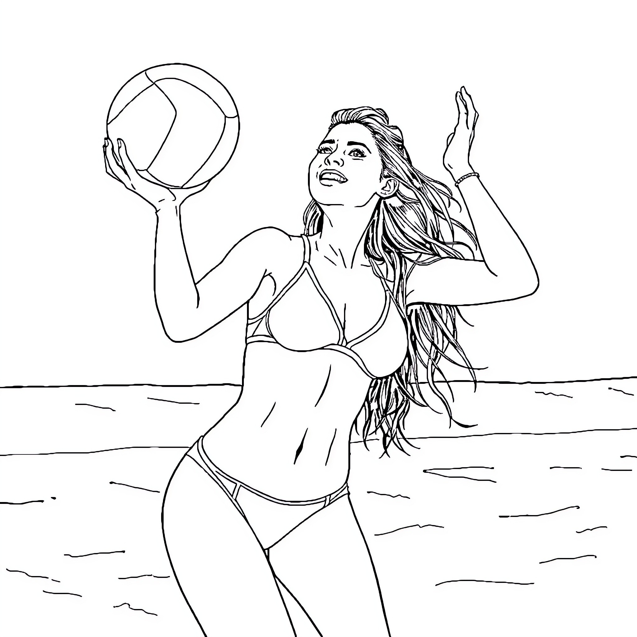 Jenna Ortega playing volleyball at the beach Coloring Page (free black-and-white line drawing printable PDF for all, from beginners to advanced learners, including children, teens, adults, and seniors)
