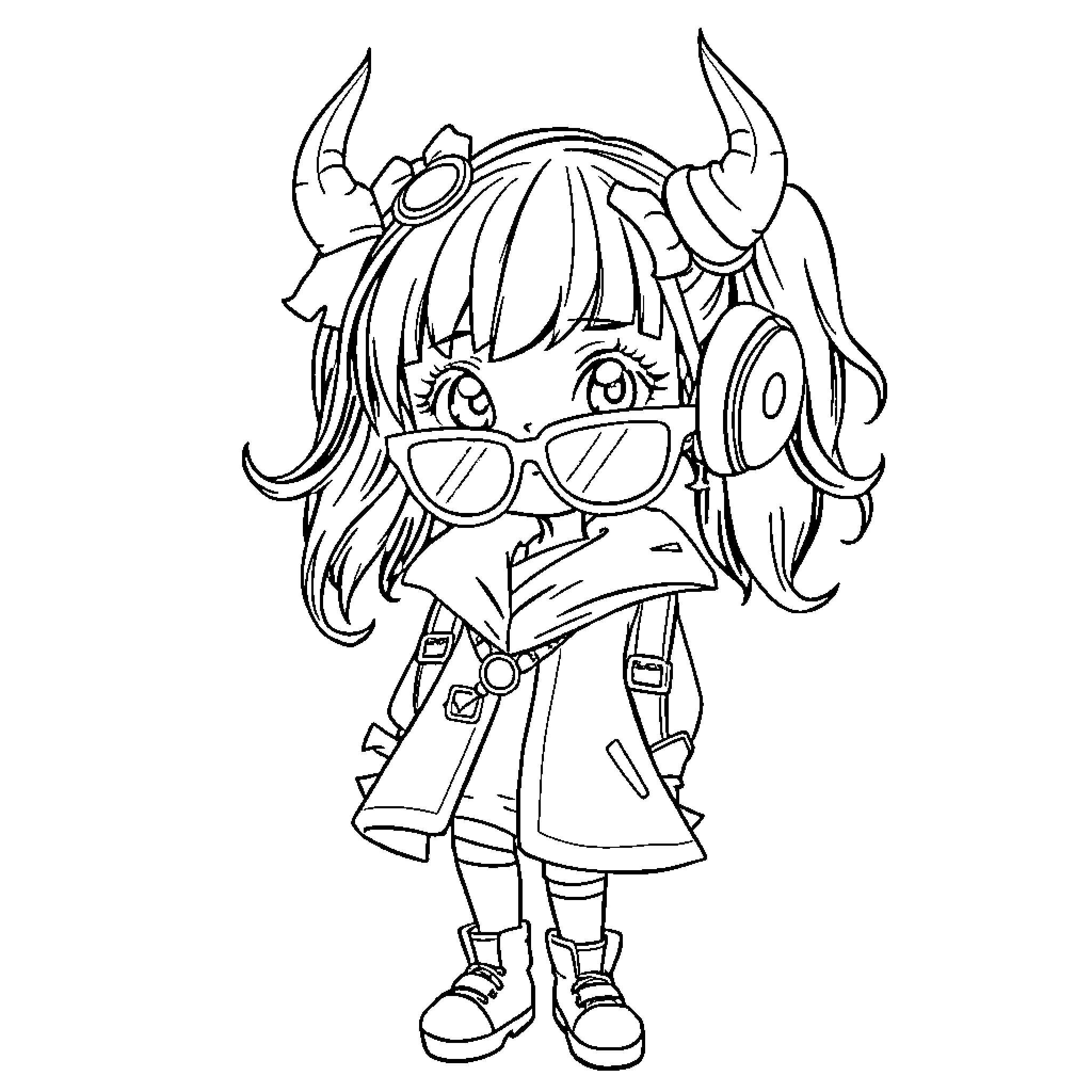 Girl with Horns and Glasses in Casual Outfit Coloring Page (free black-and-white line drawing printable PDF for all, from beginners to advanced learners, including children, teens, adults, and seniors)