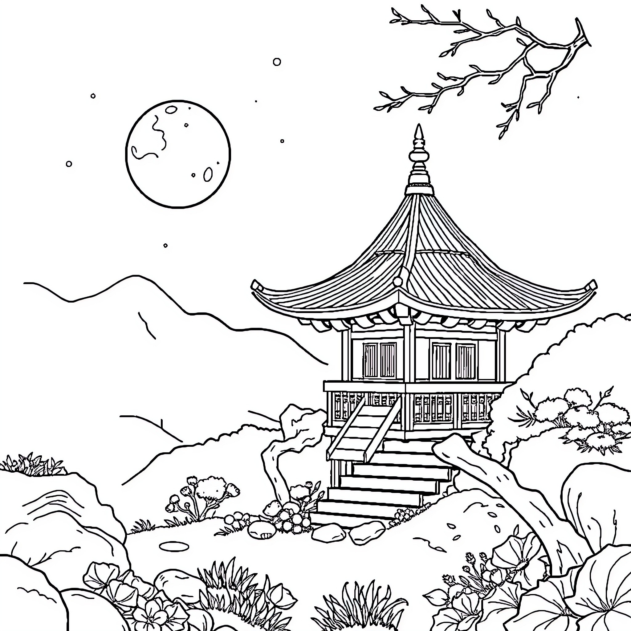 Pig in a traditional Japanese pagoda landscape Coloring Page (free black-and-white line drawing printable PDF for all, from beginners to advanced learners, including children, teens, adults, and seniors)